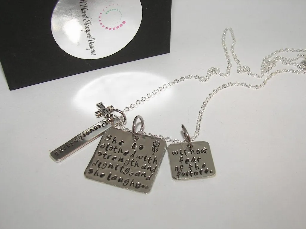 Proverbs 31:25, She is clothed with strength, Hand stamped jewelry, engraved jewelry, hand stamped, religious necklace, personalized jewelry