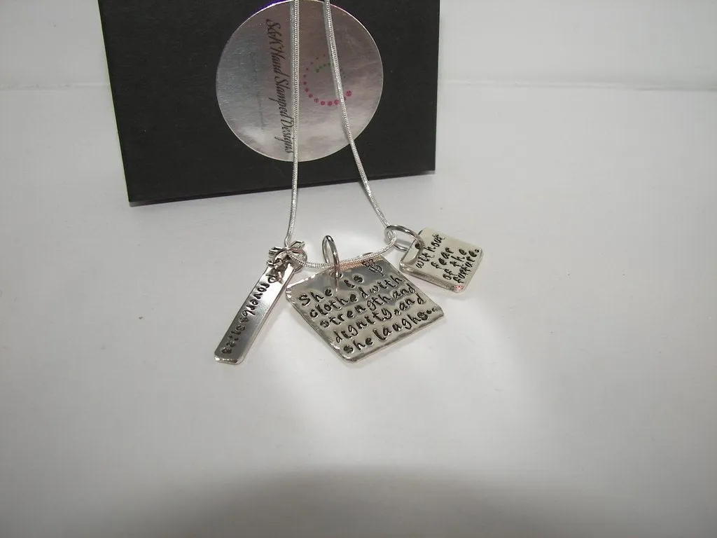 Proverbs 31:25, She is clothed with strength, Hand stamped jewelry, engraved jewelry, hand stamped, religious necklace, personalized jewelry