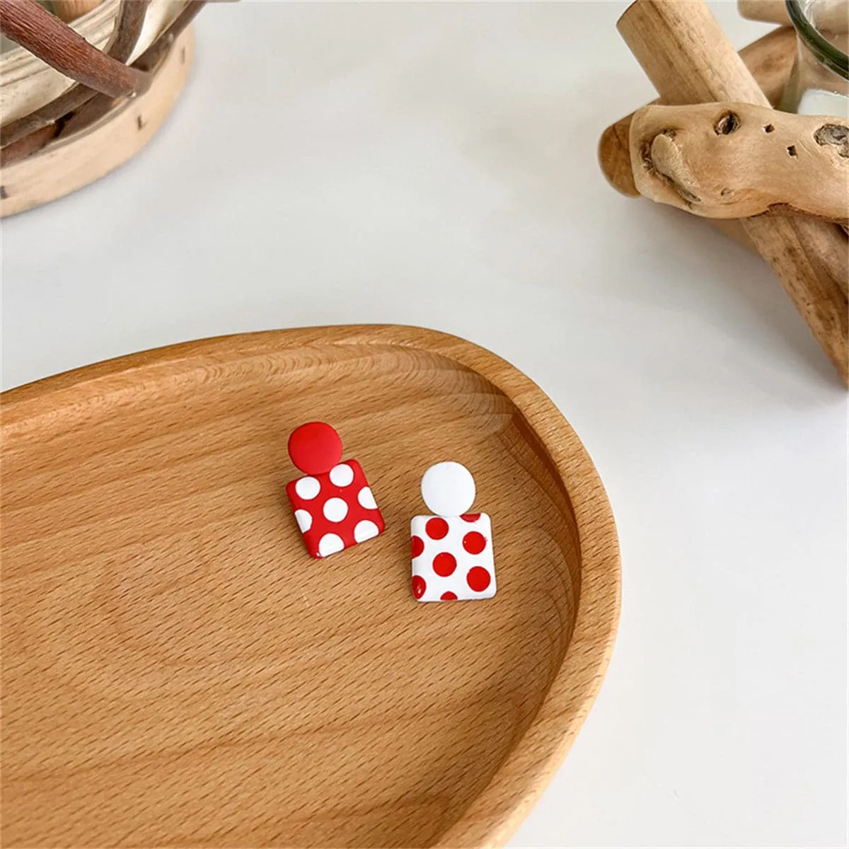 Red Enamel & Silver-Plated Spot Square Drop Earrings