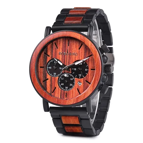 relogio Wood Watches  BOBO BIRD Men Watch Date Display Luxury Golden Stylish Wooden and Metal Quartz Wristwatch Wood gift box