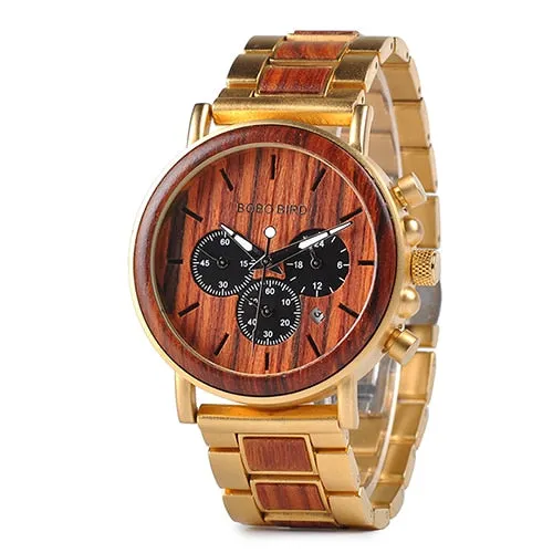 relogio Wood Watches  BOBO BIRD Men Watch Date Display Luxury Golden Stylish Wooden and Metal Quartz Wristwatch Wood gift box