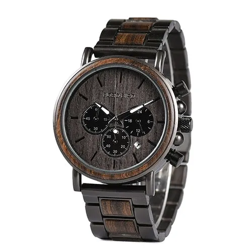 relogio Wood Watches  BOBO BIRD Men Watch Date Display Luxury Golden Stylish Wooden and Metal Quartz Wristwatch Wood gift box