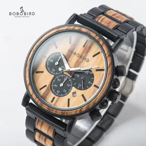 relogio Wood Watches  BOBO BIRD Men Watch Date Display Luxury Golden Stylish Wooden and Metal Quartz Wristwatch Wood gift box