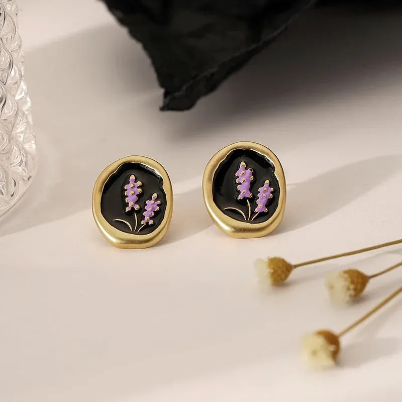 Retro Minimalist French Lavender Flower Earrings