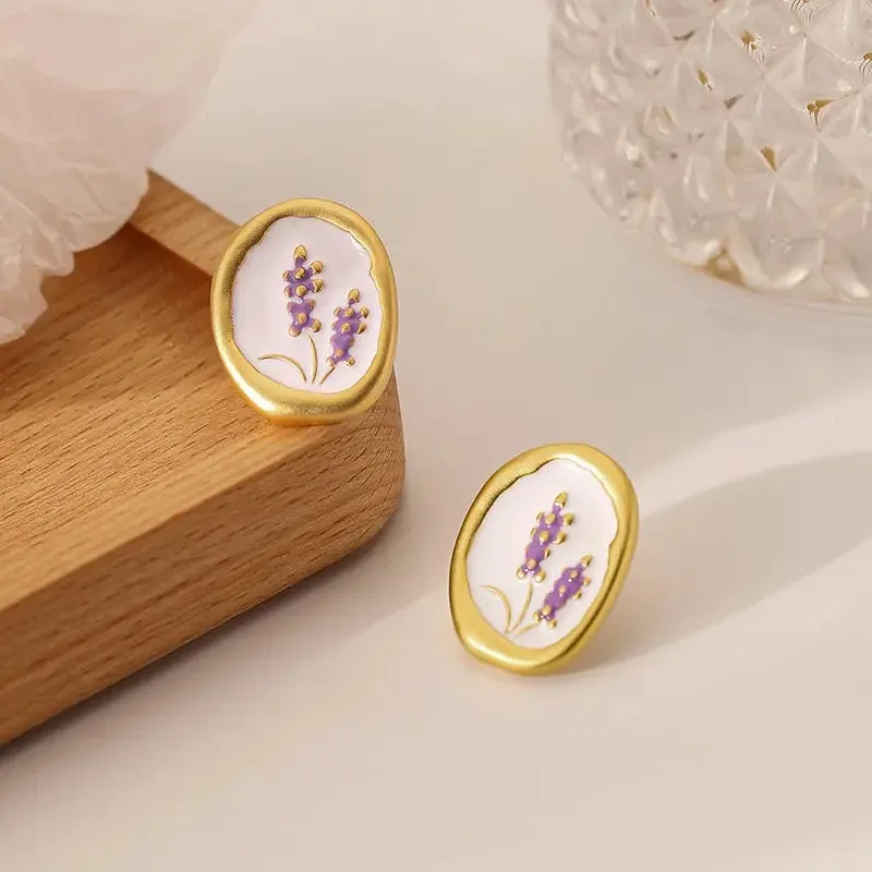 Retro Minimalist French Lavender Flower Earrings