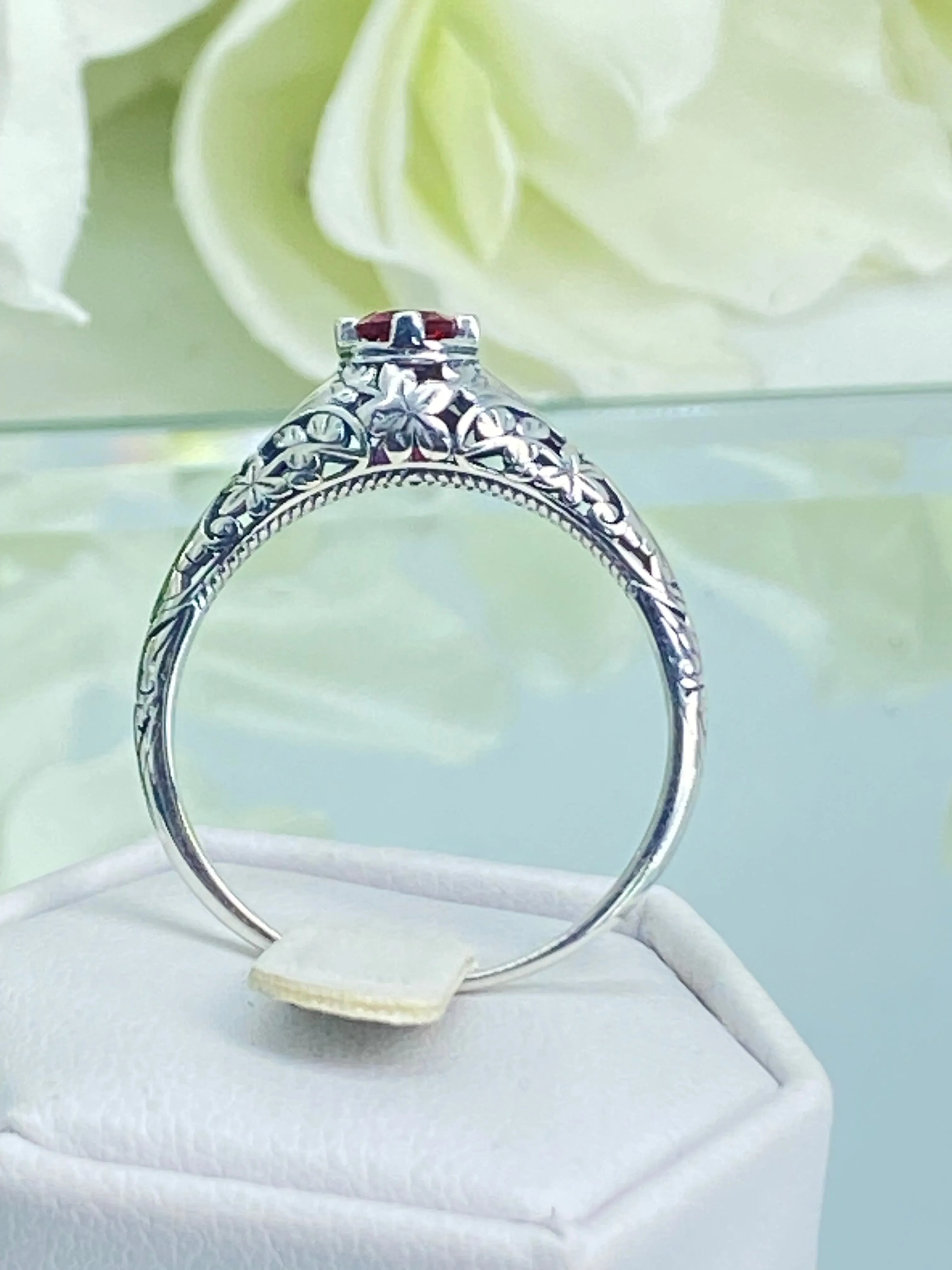 Ruby Ring, Silver Edwardian Floral Filigree Jewelry #D154