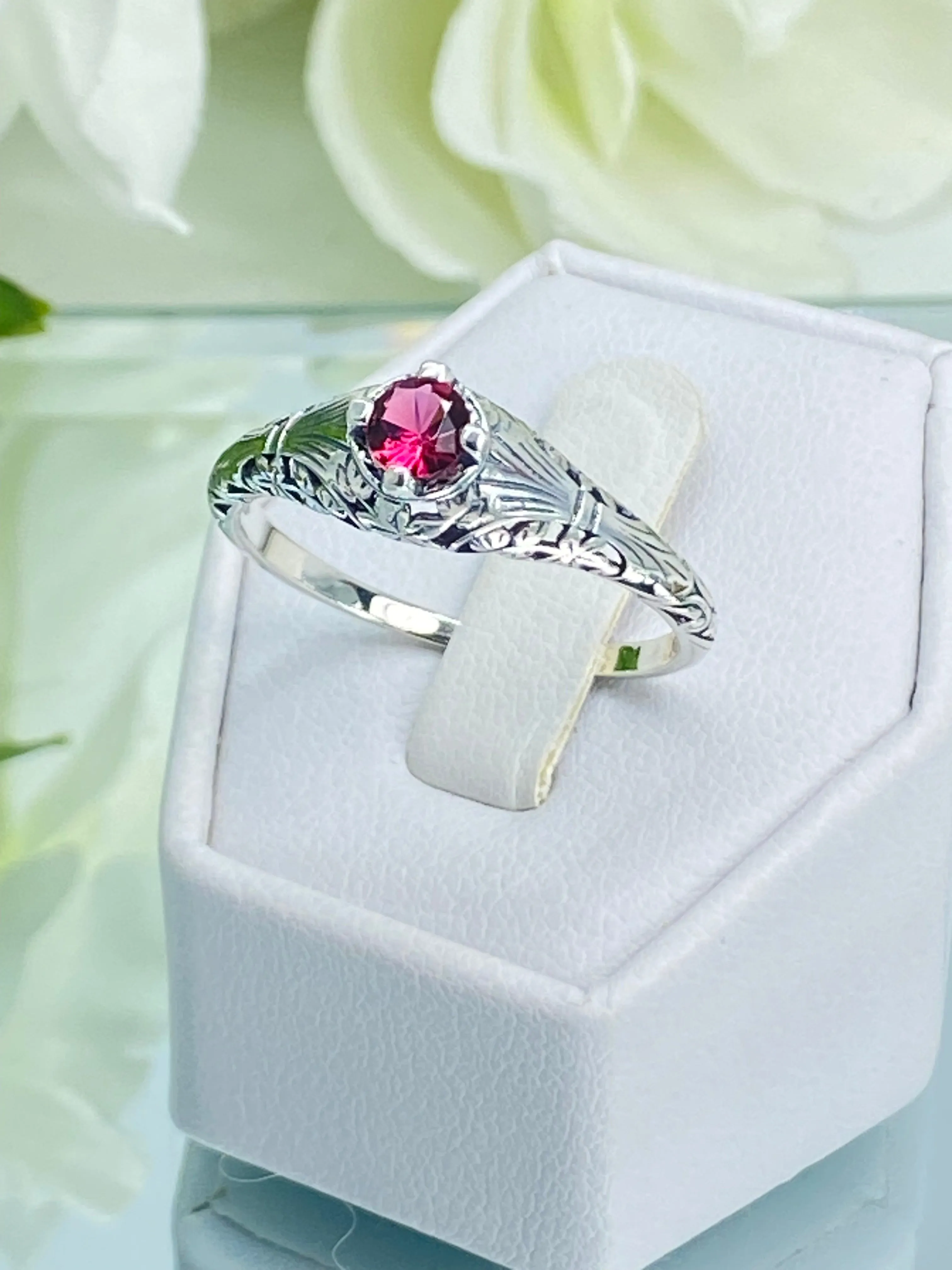 Ruby Ring, Silver Edwardian Floral Filigree Jewelry #D154