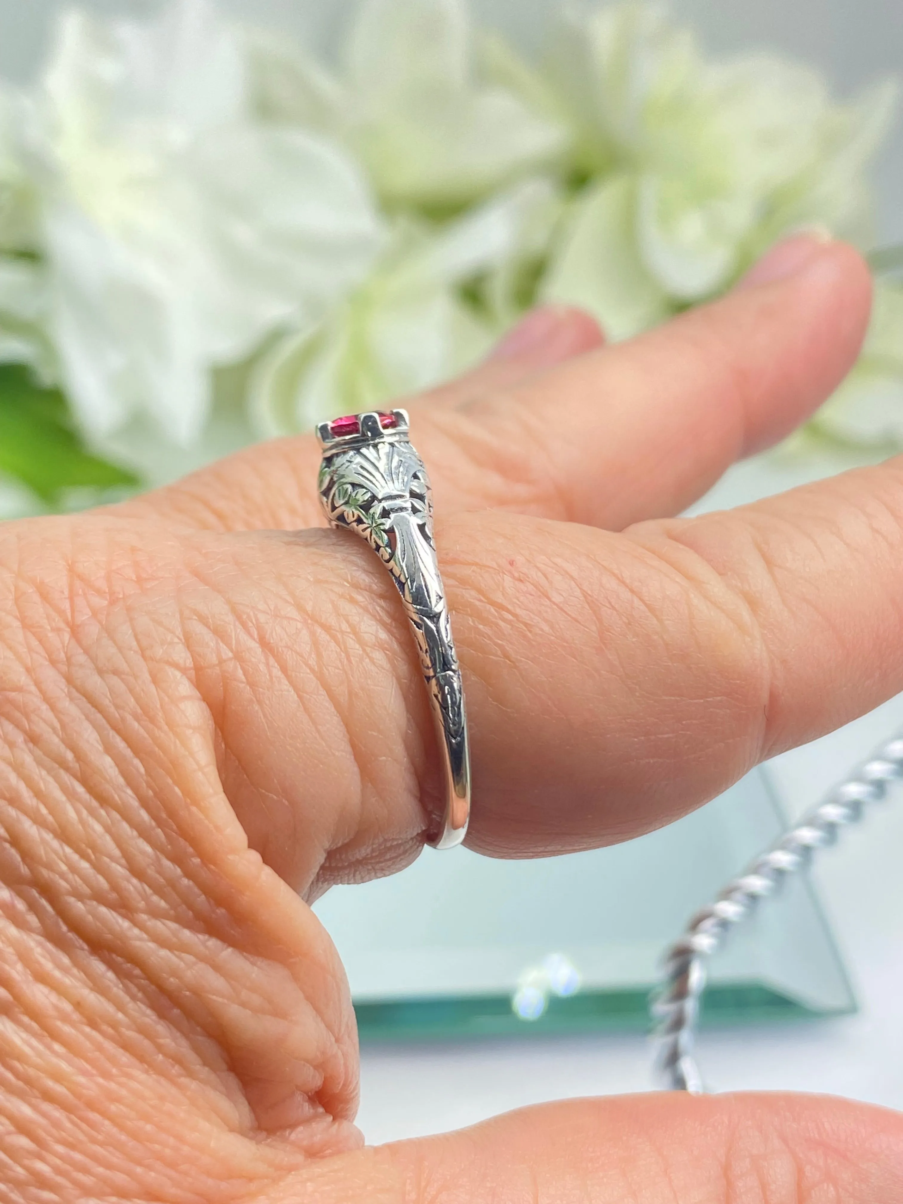 Ruby Ring, Silver Edwardian Floral Filigree Jewelry #D154