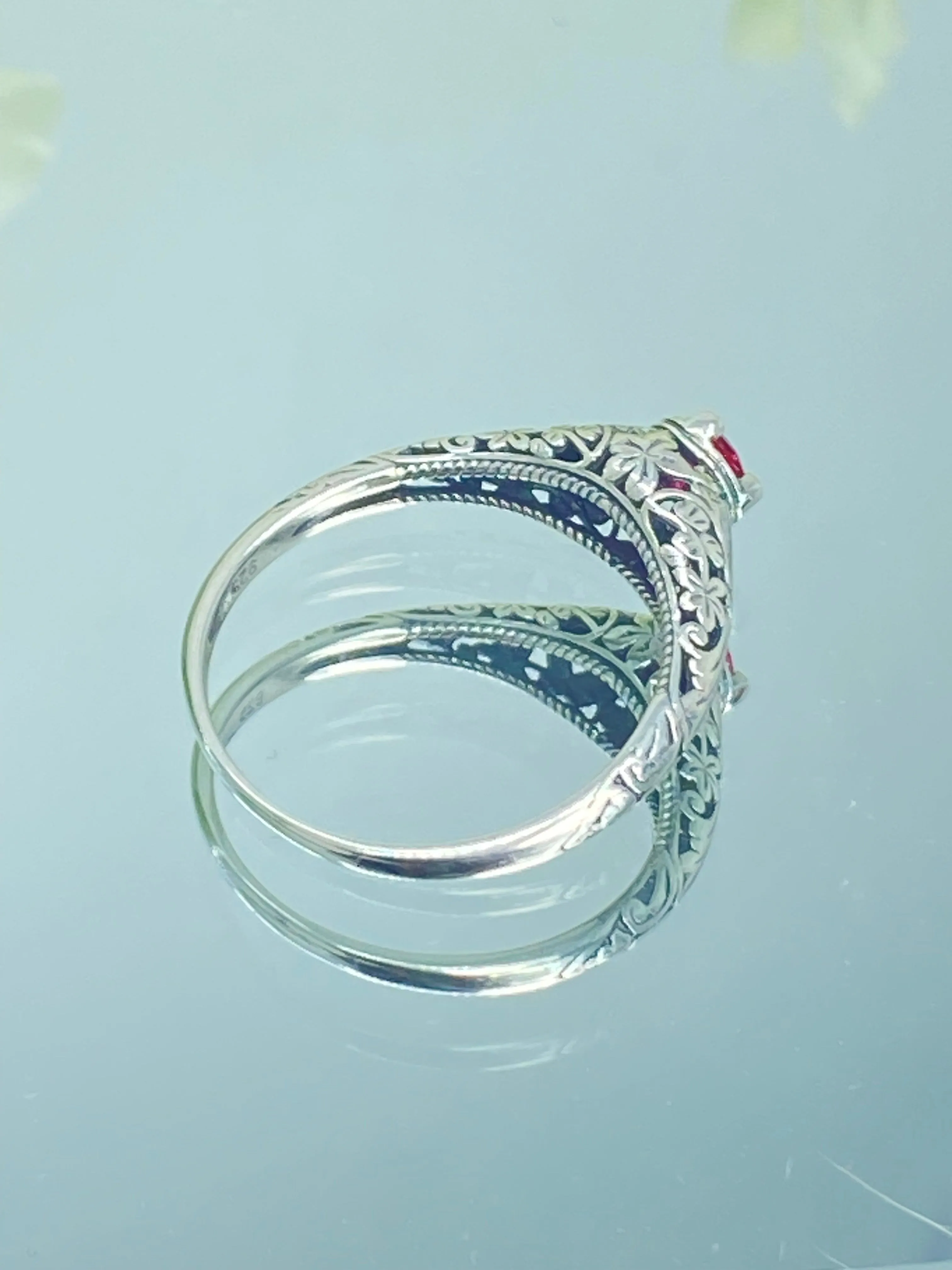 Ruby Ring, Silver Edwardian Floral Filigree Jewelry #D154