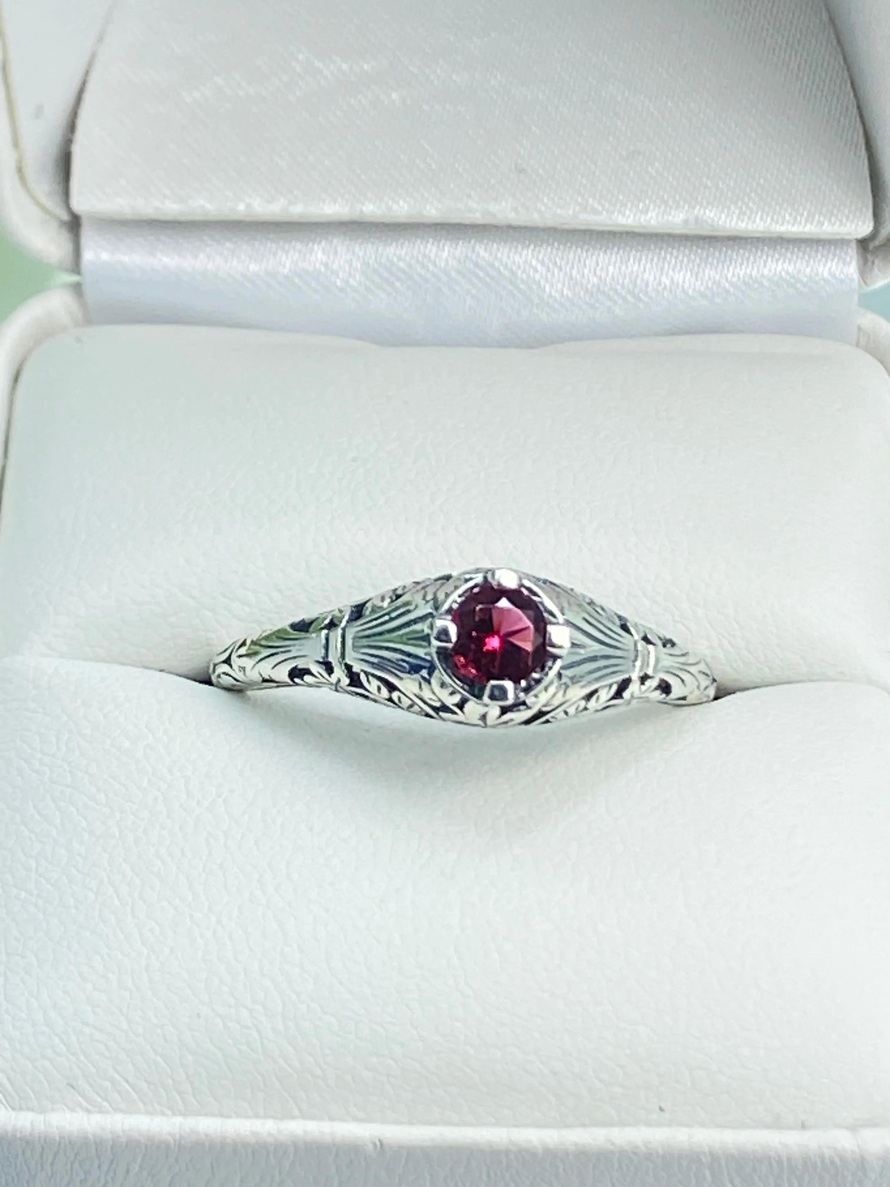 Ruby Ring, Silver Edwardian Floral Filigree Jewelry #D154