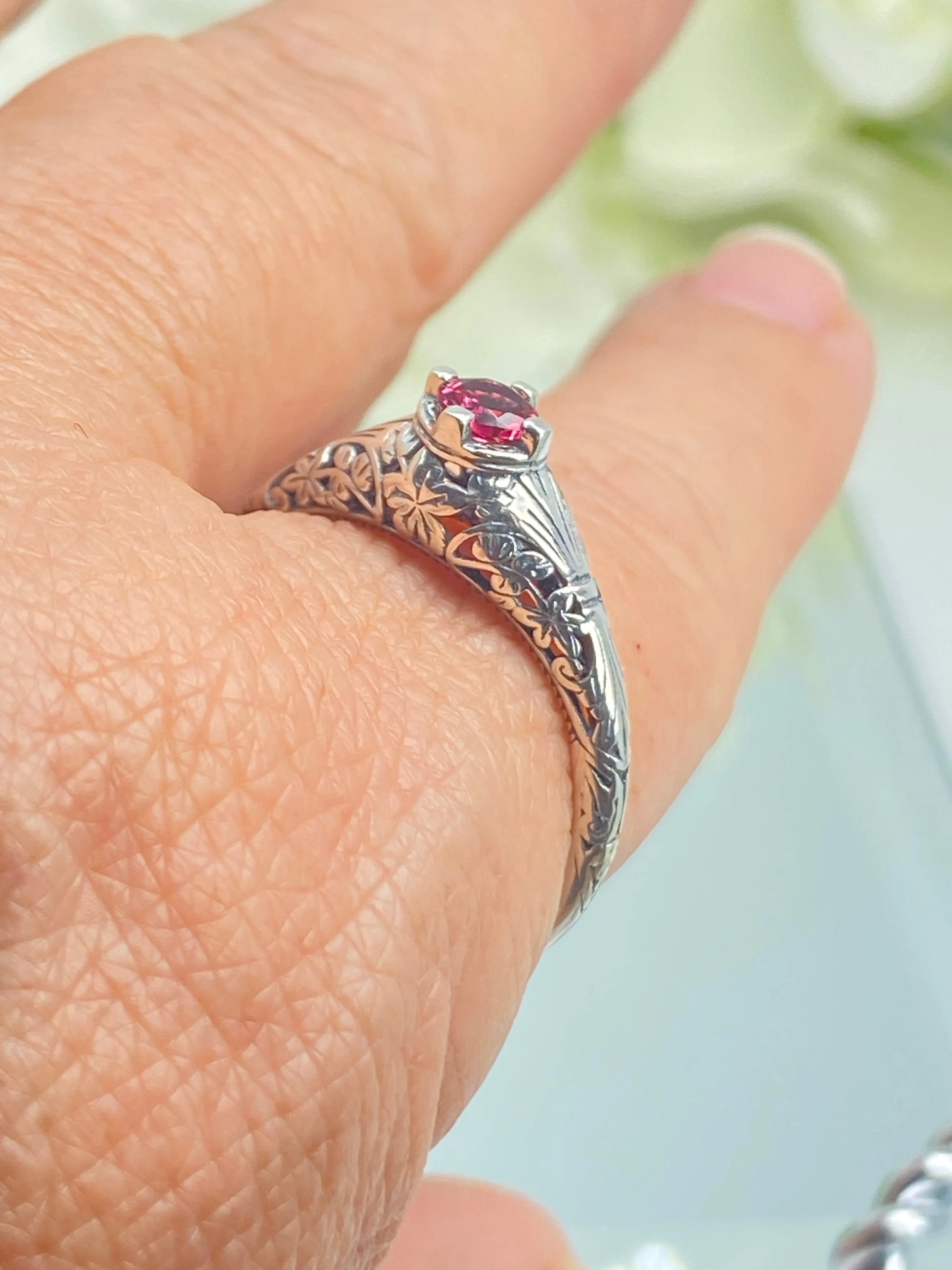 Ruby Ring, Silver Edwardian Floral Filigree Jewelry #D154