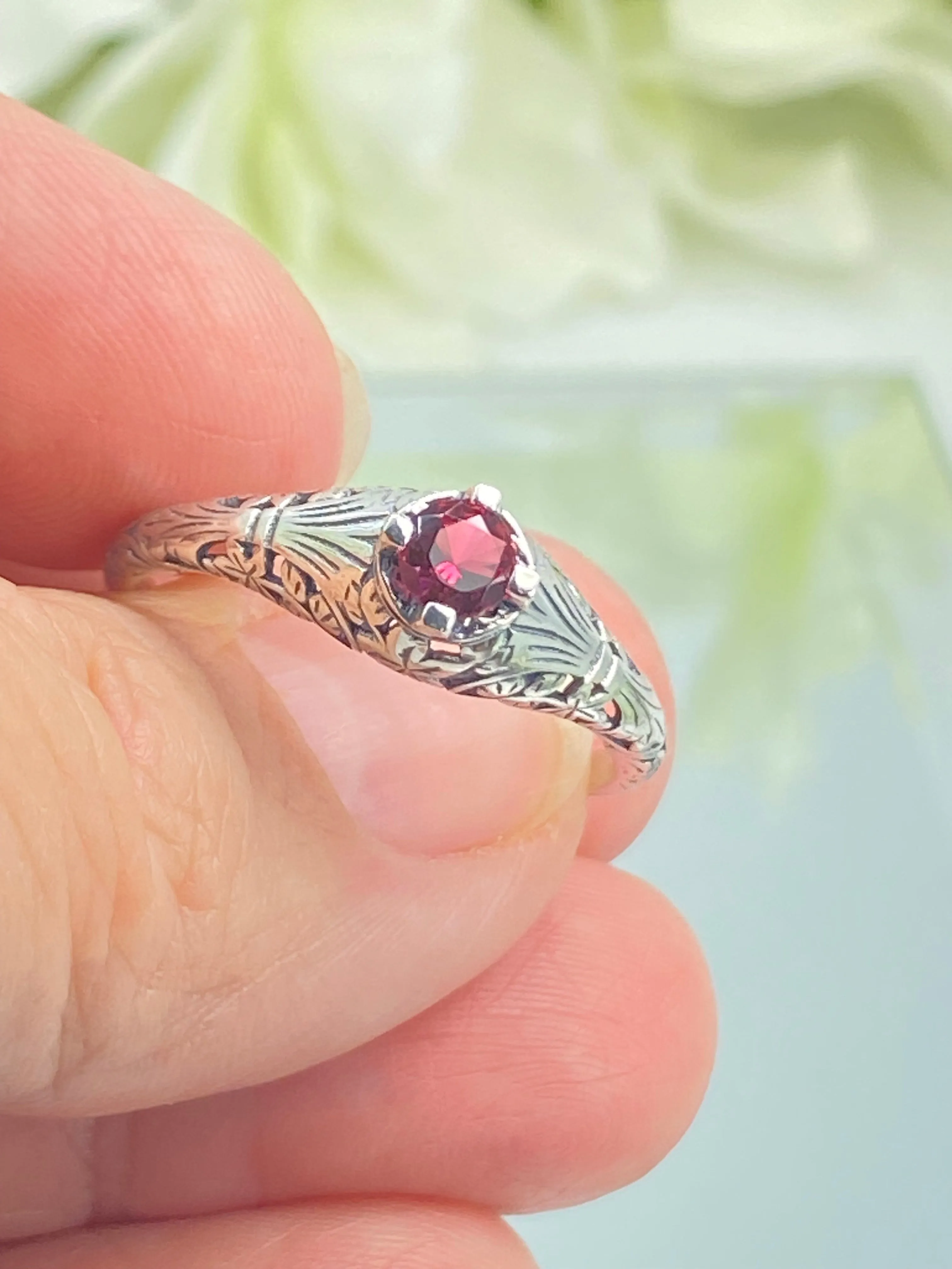 Ruby Ring, Silver Edwardian Floral Filigree Jewelry #D154