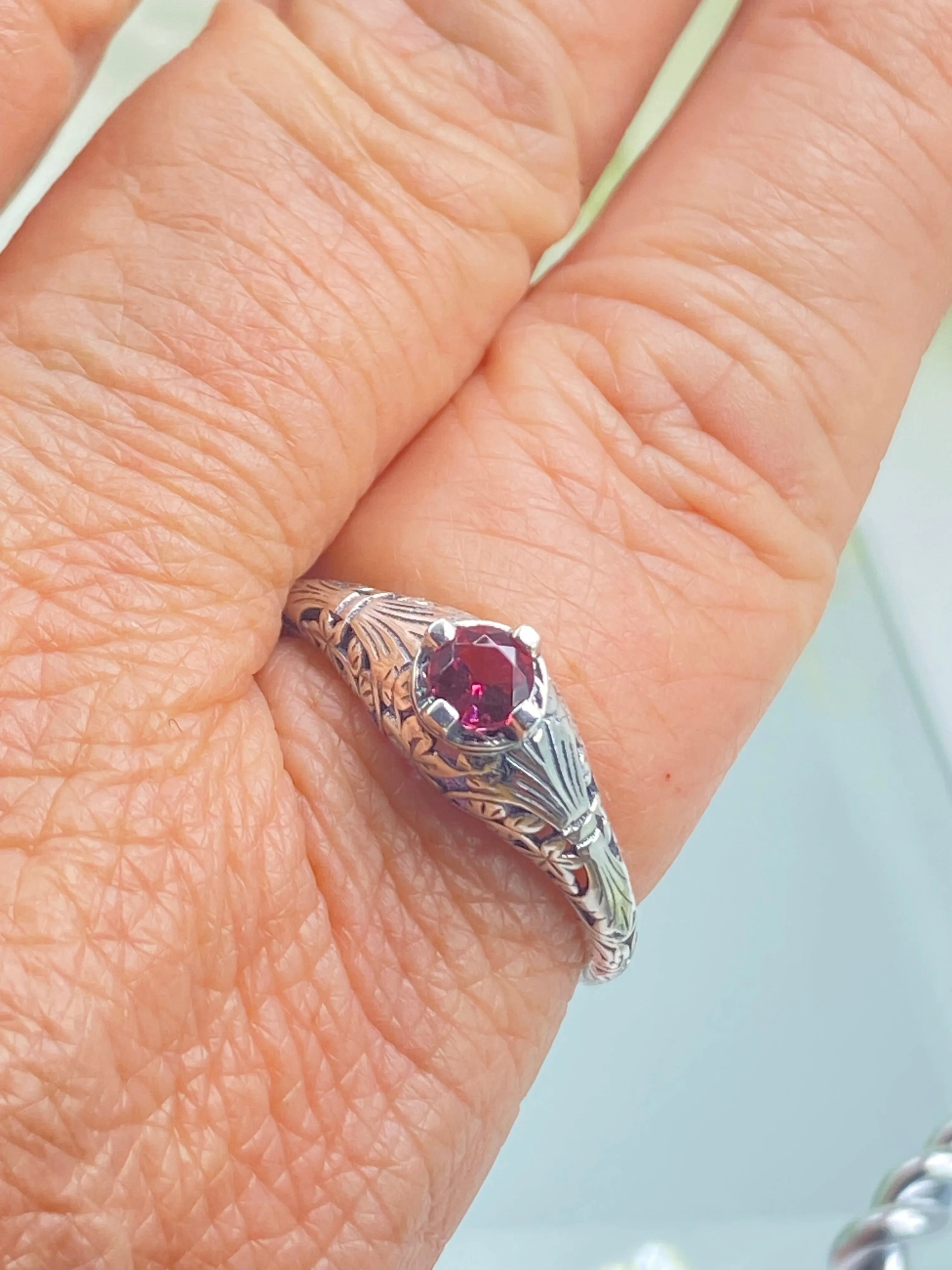 Ruby Ring, Silver Edwardian Floral Filigree Jewelry #D154