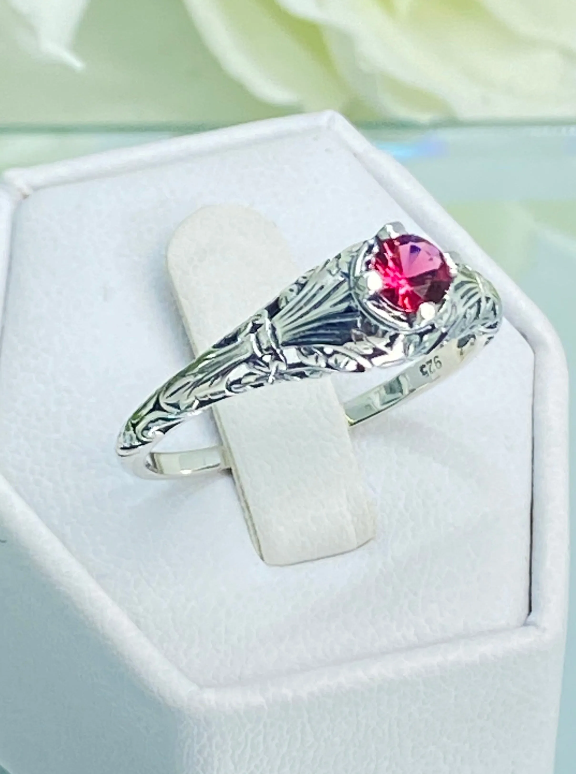 Ruby Ring, Silver Edwardian Floral Filigree Jewelry #D154