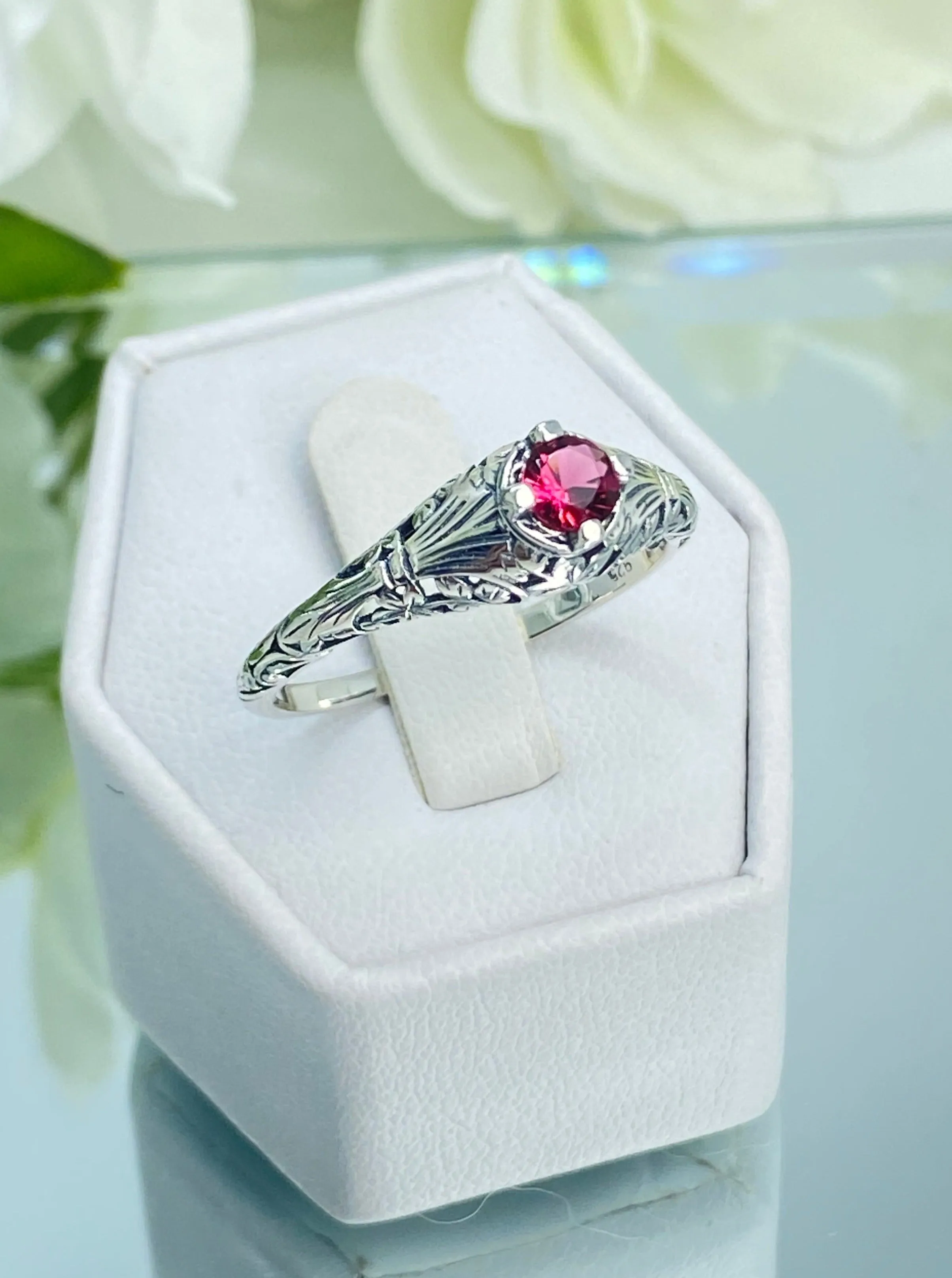 Ruby Ring, Silver Edwardian Floral Filigree Jewelry #D154