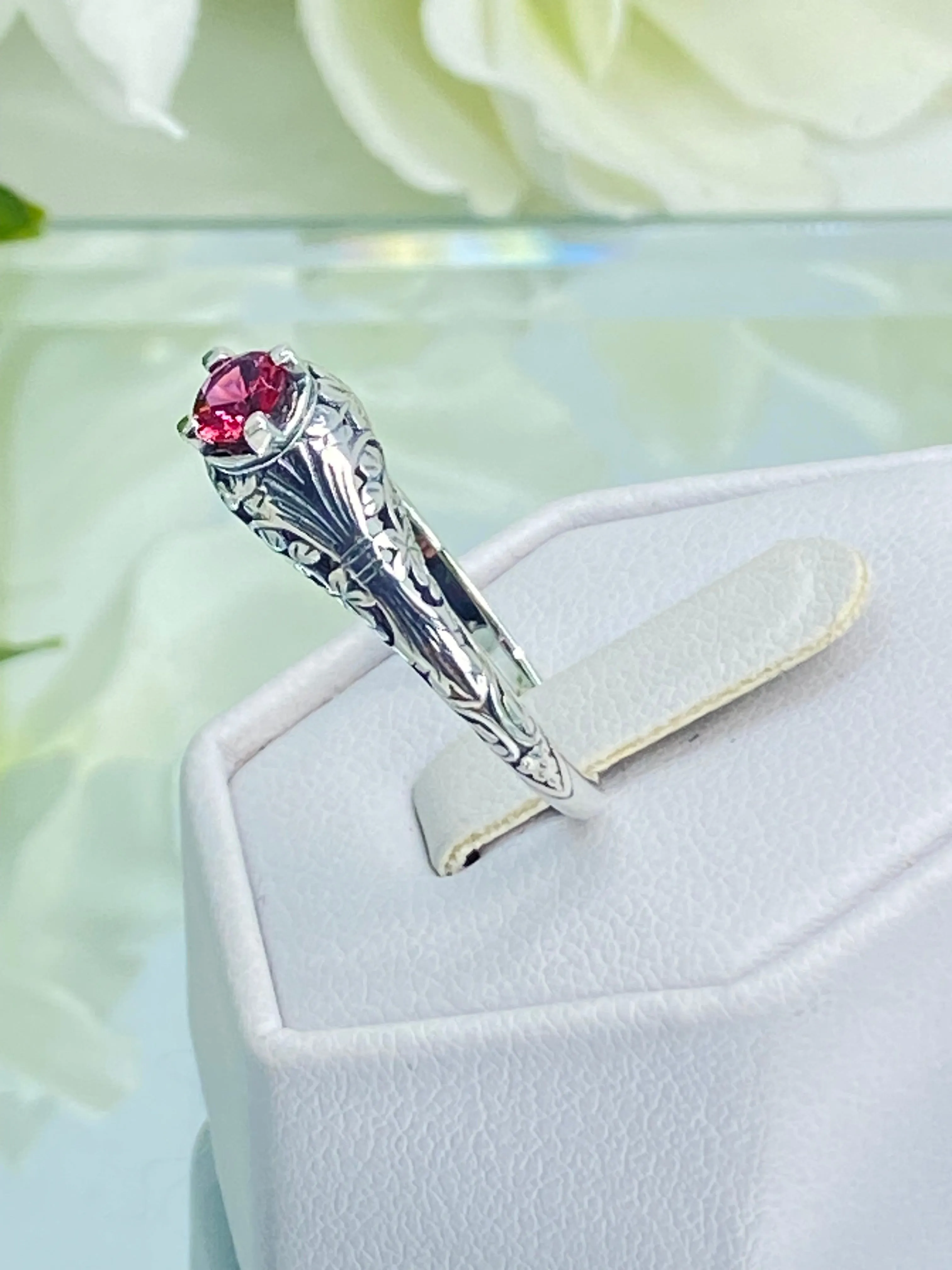 Ruby Ring, Silver Edwardian Floral Filigree Jewelry #D154