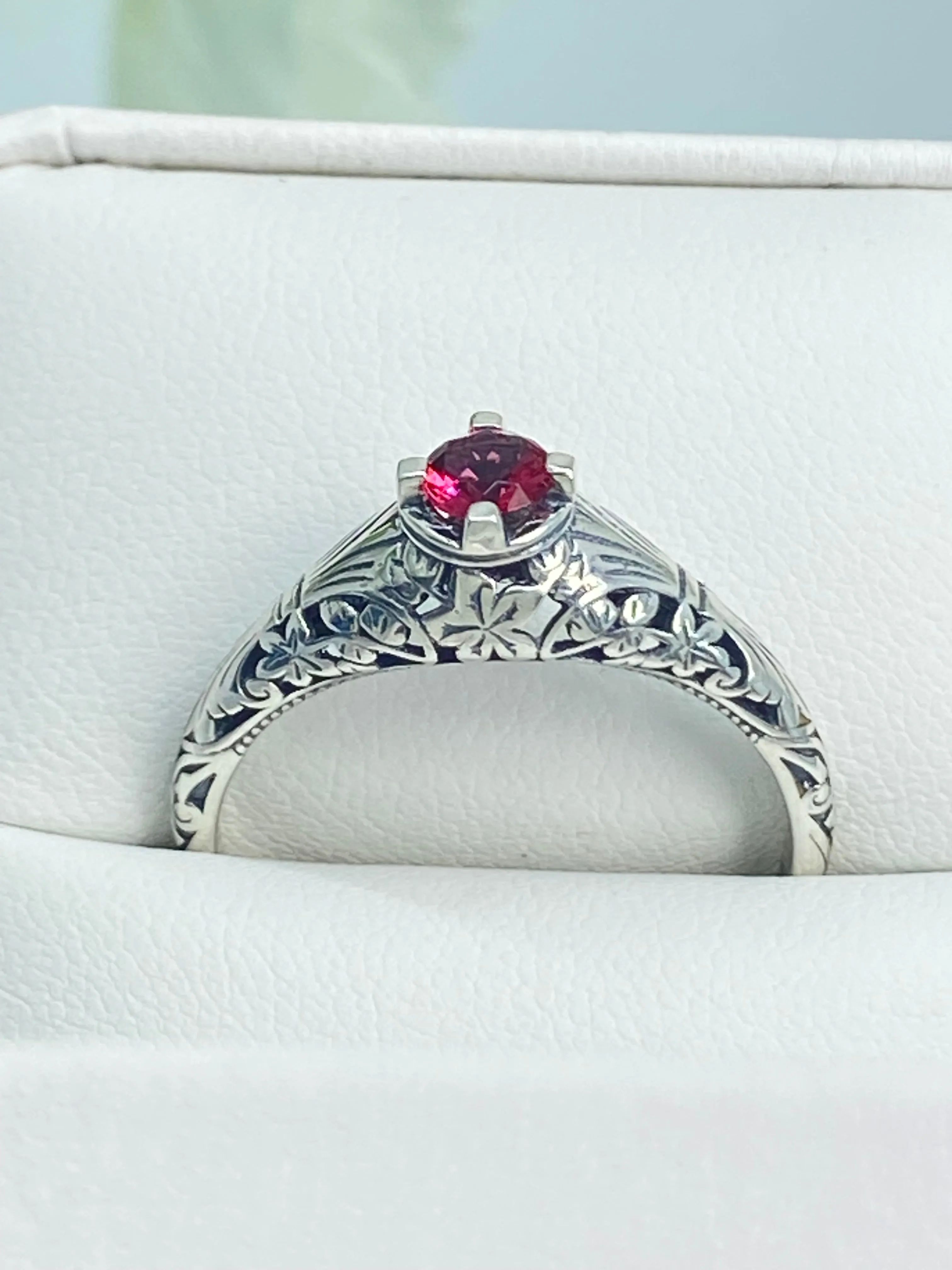 Ruby Ring, Silver Edwardian Floral Filigree Jewelry #D154