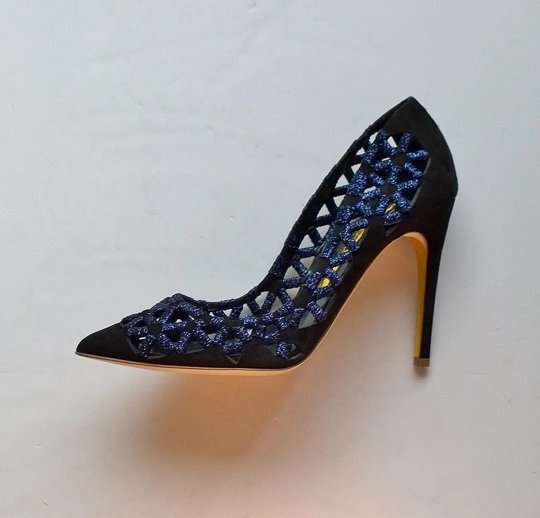 Rupert Sanderson Black Suede Heels with Blue Metallic Detail