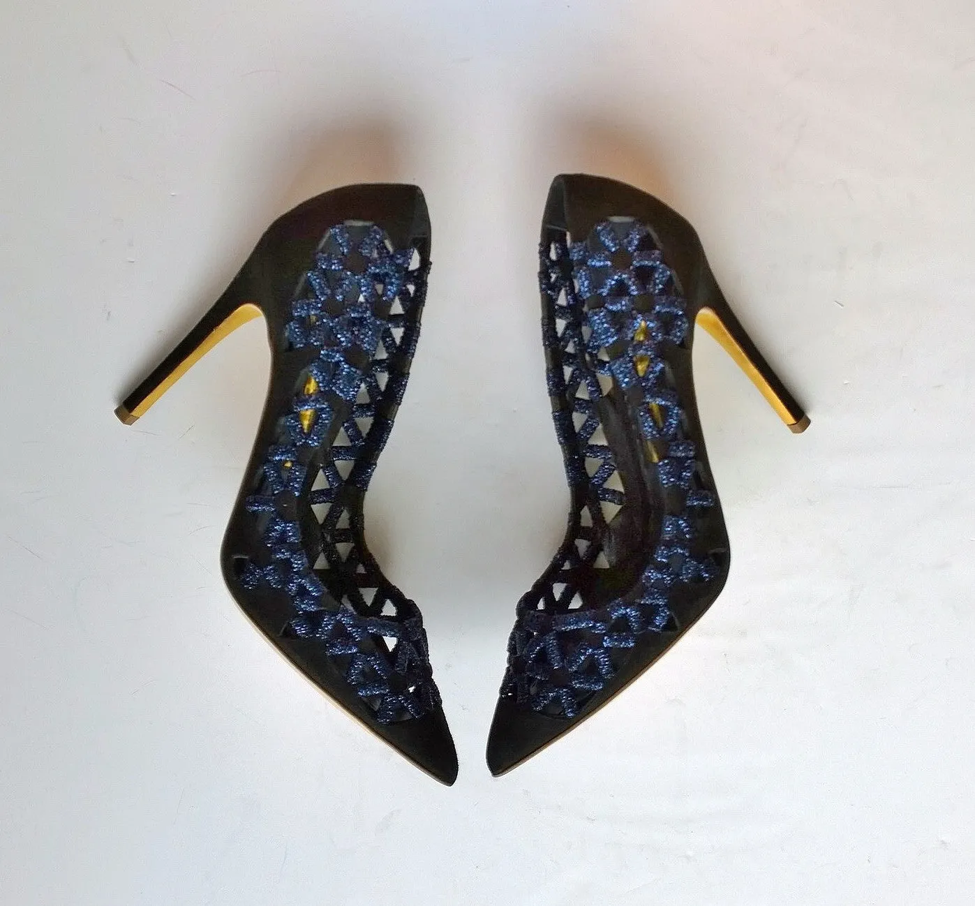 Rupert Sanderson Black Suede Heels with Blue Metallic Detail