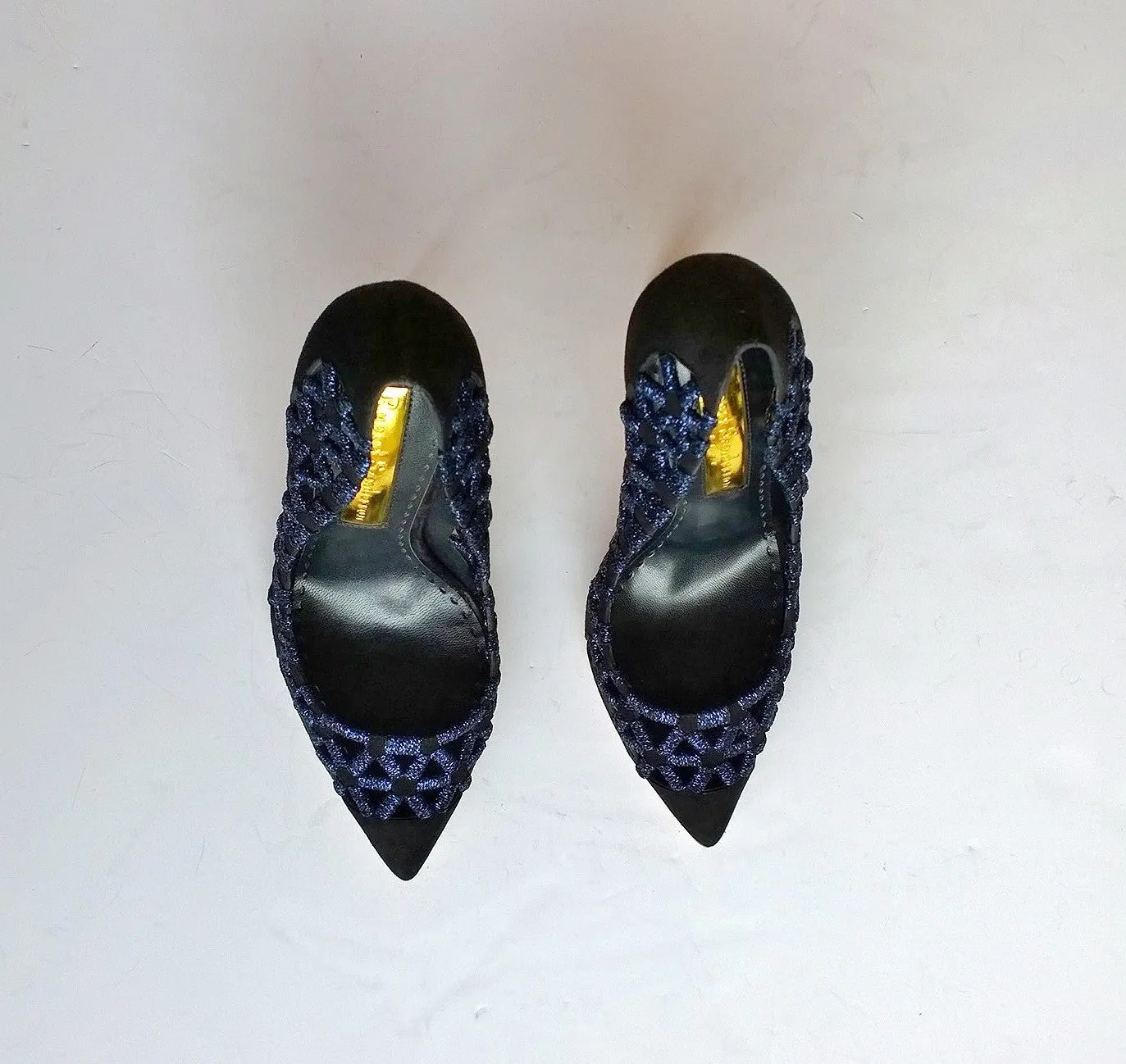 Rupert Sanderson Black Suede Heels with Blue Metallic Detail