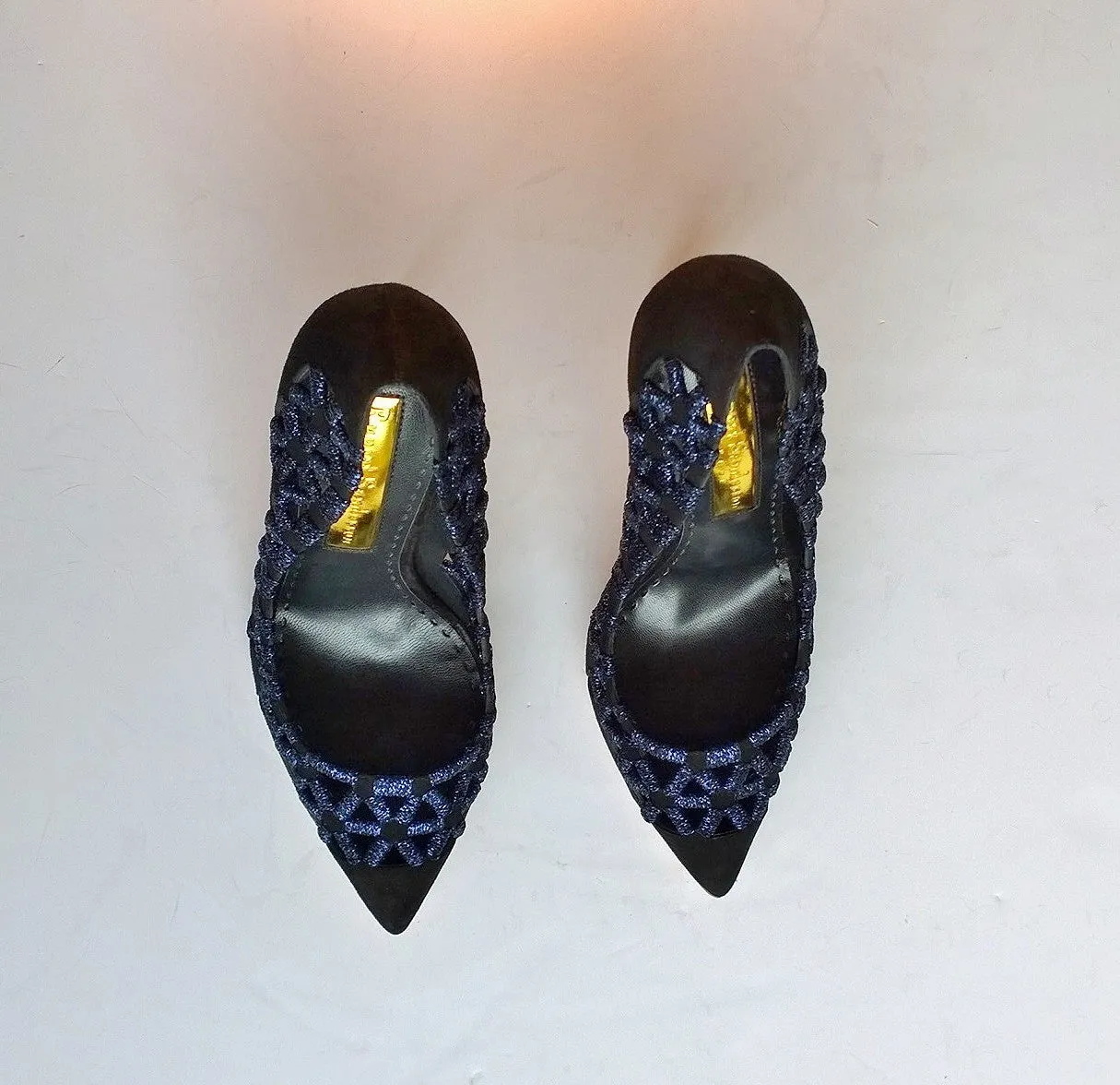 Rupert Sanderson Black Suede Heels with Blue Metallic Detail