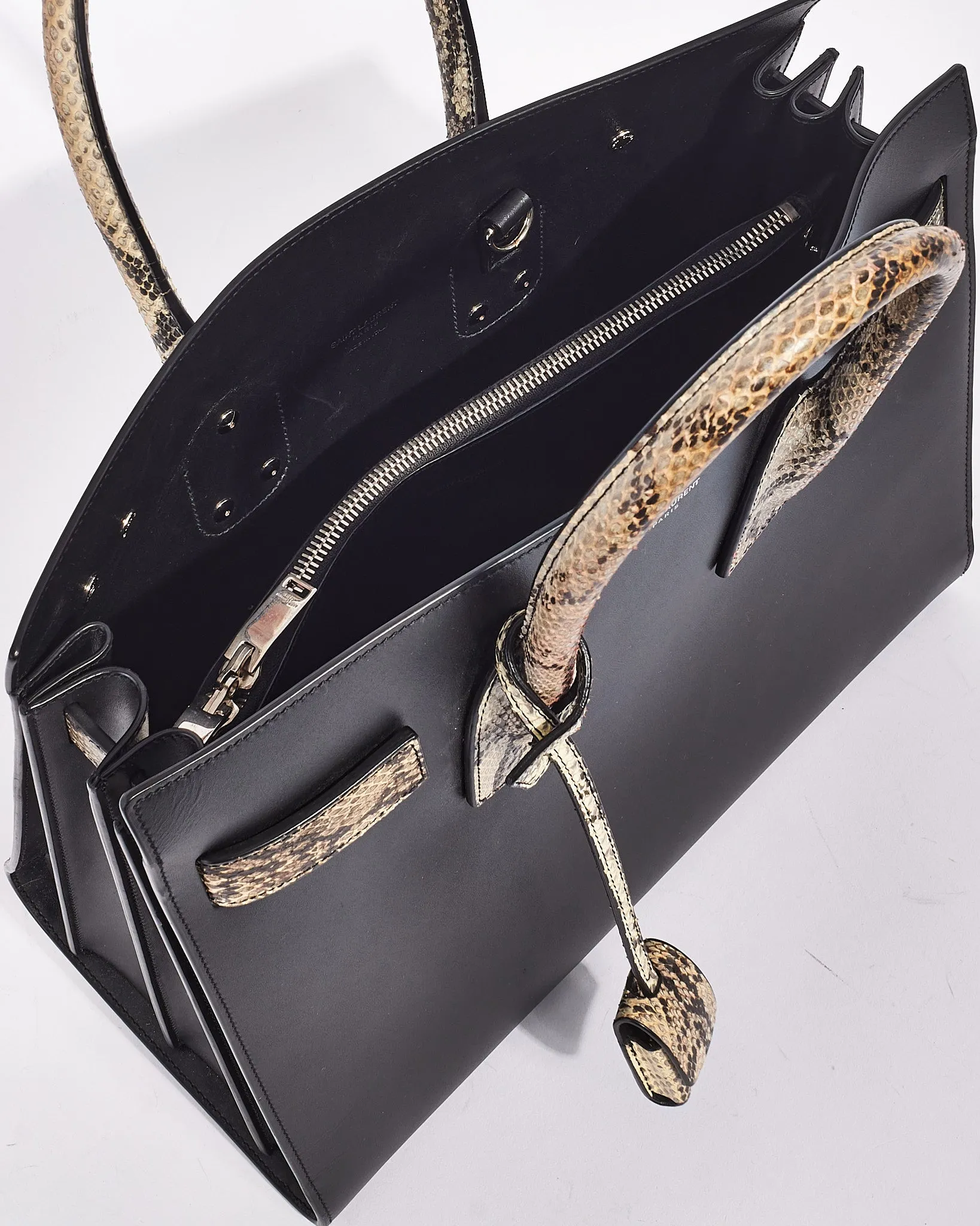 Saint Laurent Black Leather Python Embossed Detailed Small Sac De Jour Bag