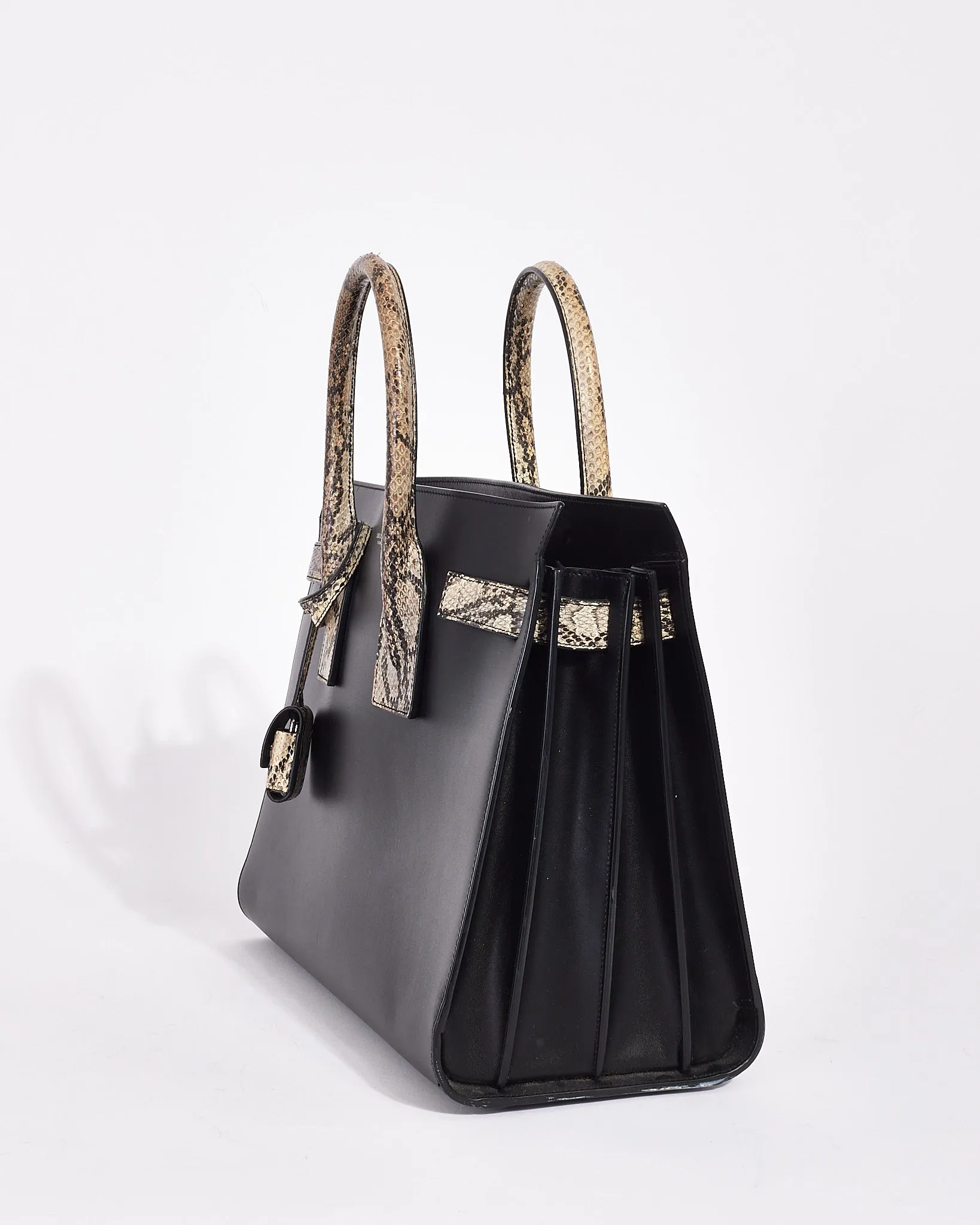 Saint Laurent Black Leather Python Embossed Detailed Small Sac De Jour Bag