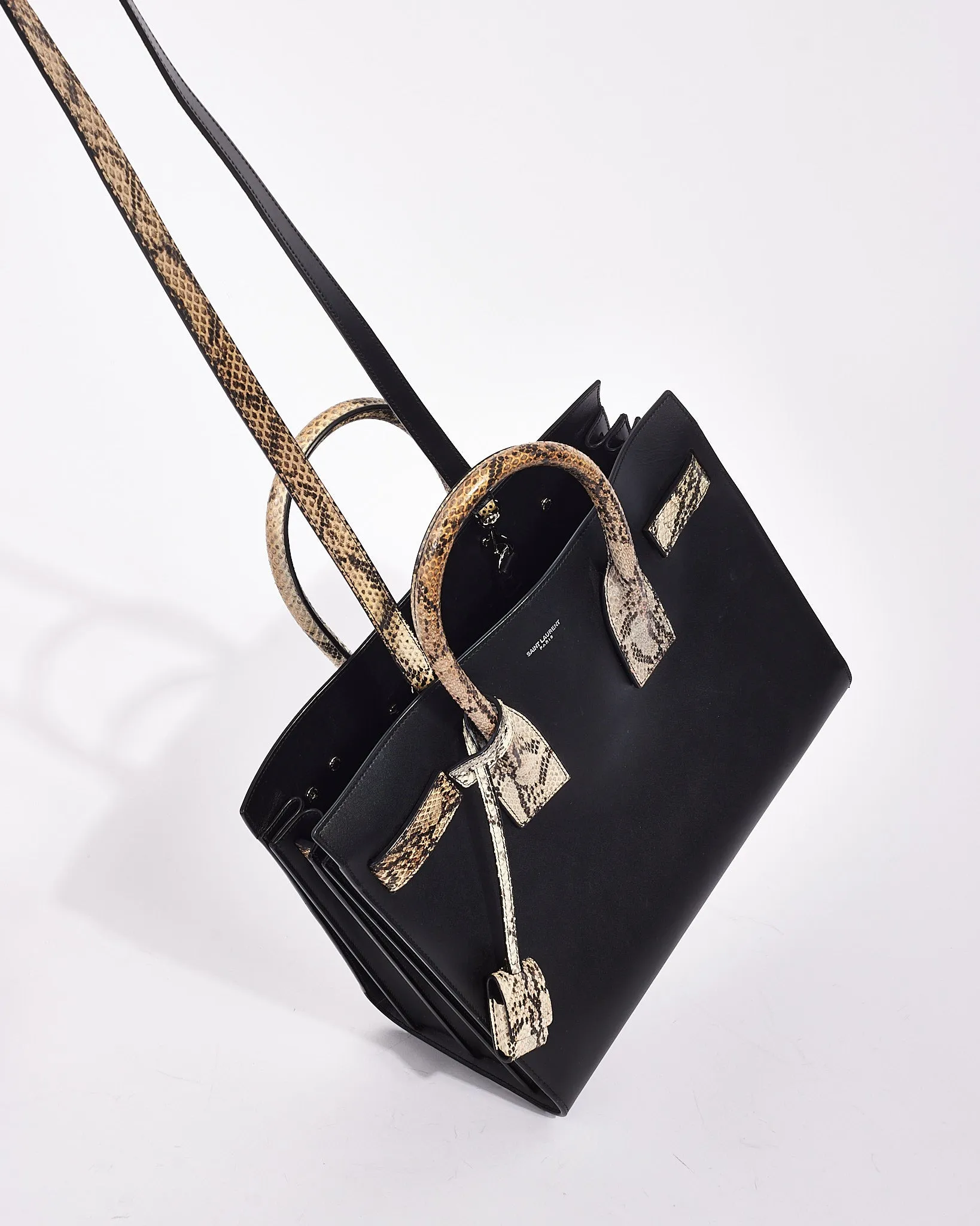 Saint Laurent Black Leather Python Embossed Detailed Small Sac De Jour Bag