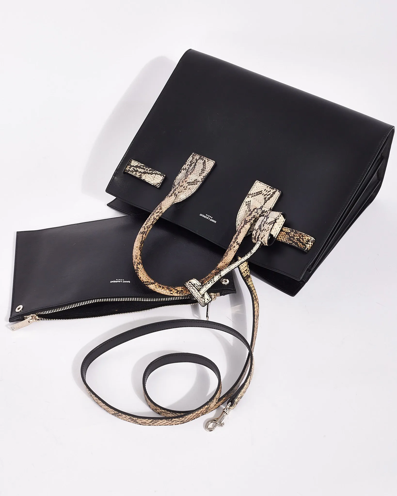 Saint Laurent Black Leather Python Embossed Detailed Small Sac De Jour Bag