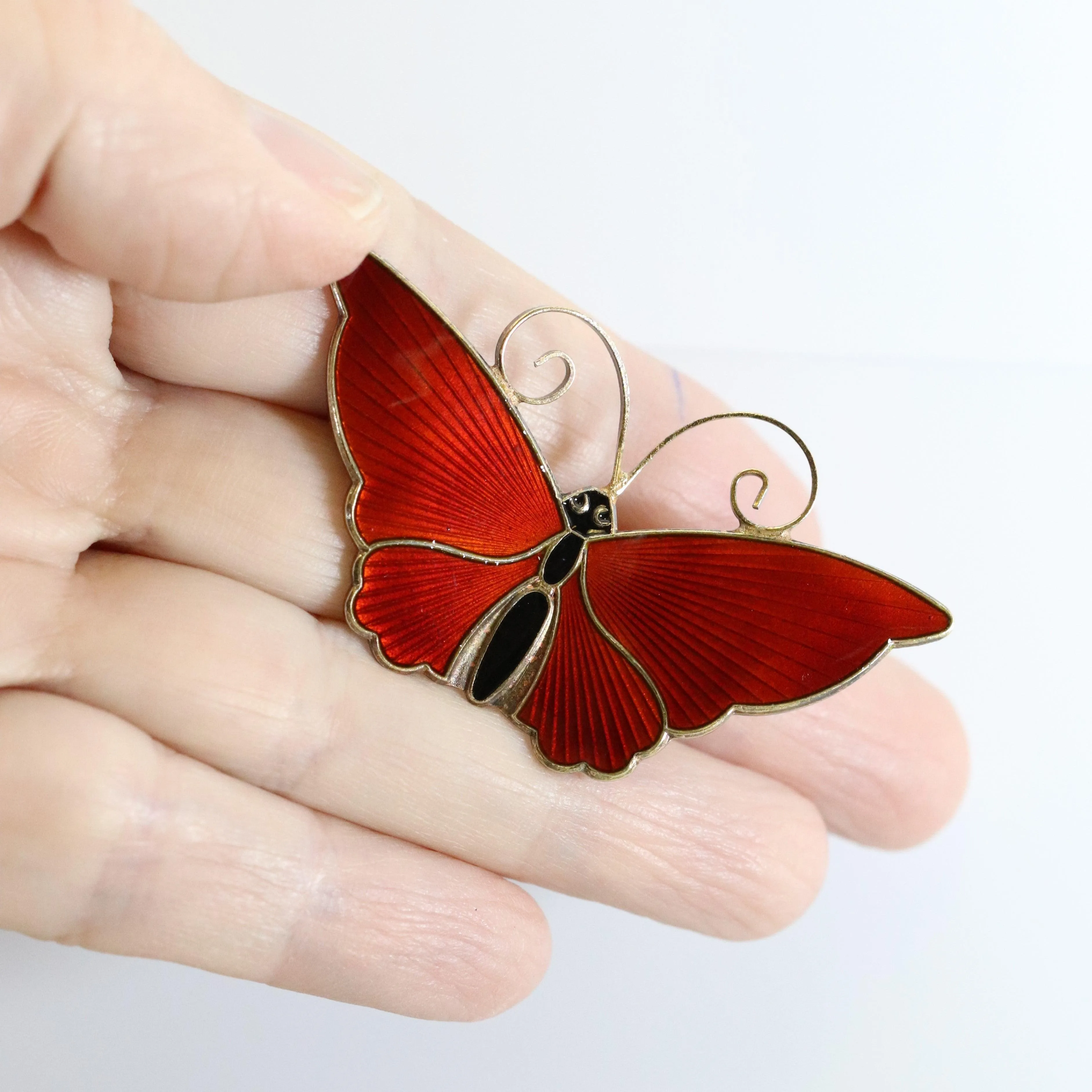 SOLD OUT: Vintage David Andersen Enamel Jewelry | Extra Large Red Guilloche Butterfly Brooch
