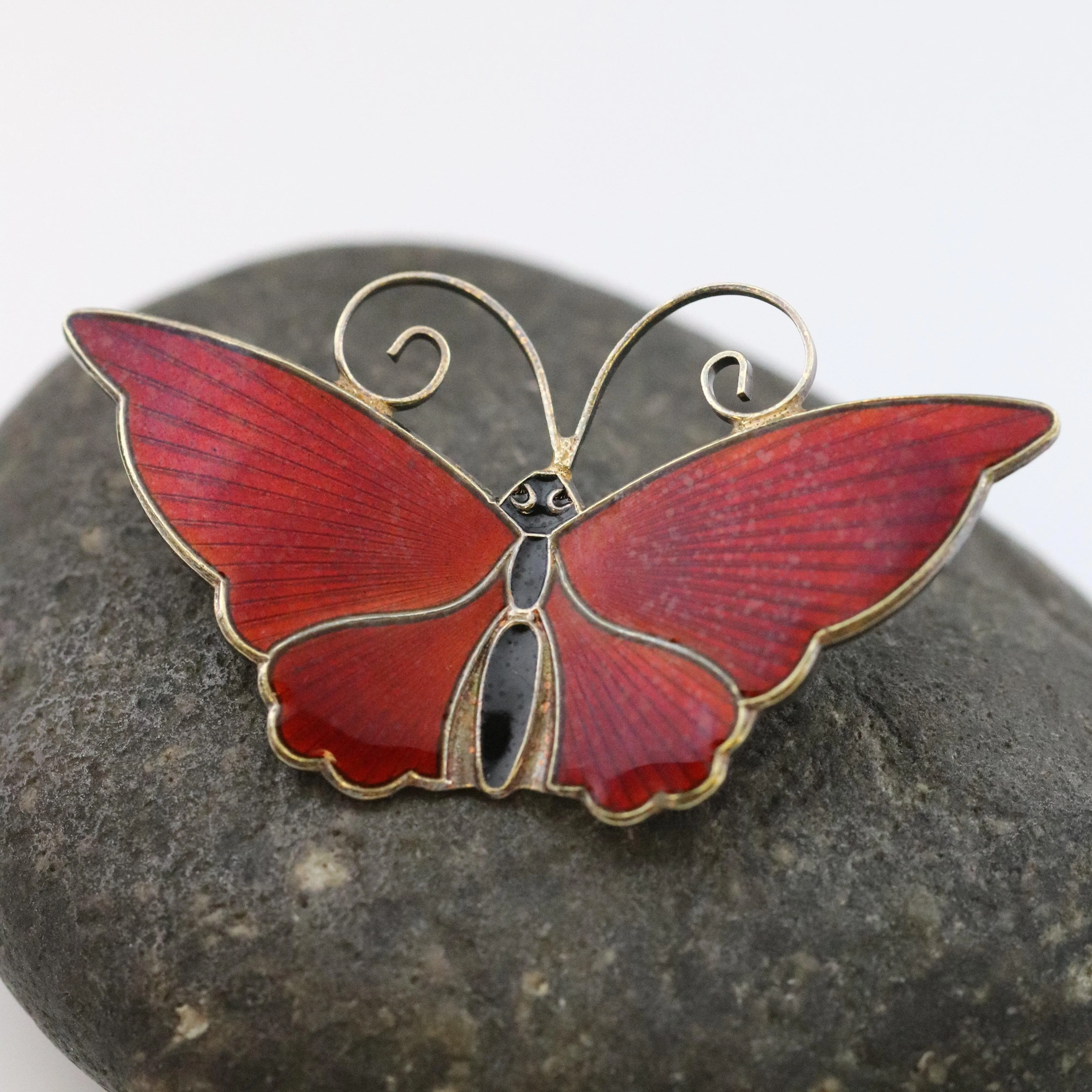 SOLD OUT: Vintage David Andersen Enamel Jewelry | Extra Large Red Guilloche Butterfly Brooch