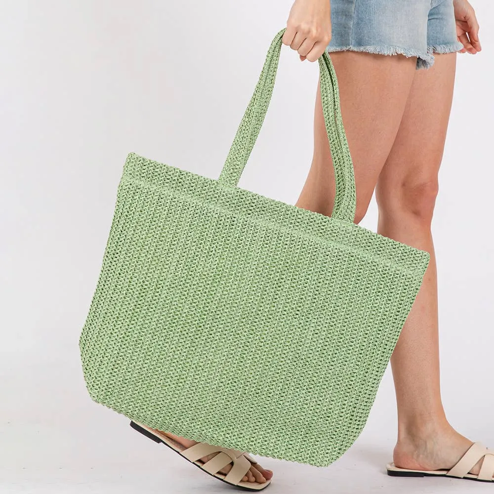 SOLID CROCHET STRAW TOTE BAG (MULTIPLE COLORS)
