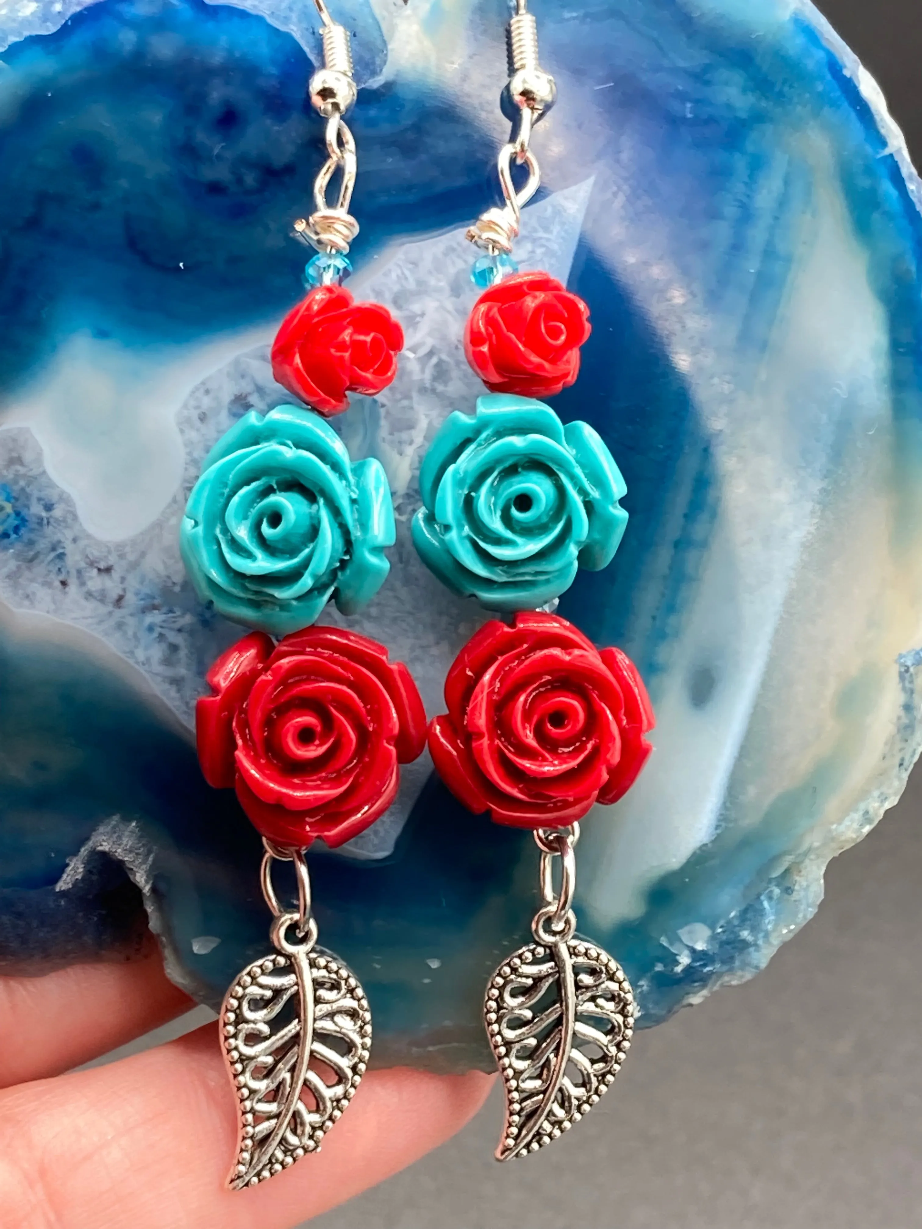 Southwest Inspired Turquoise Red Small Flowers Earrings, Dia De Los Muertos Aretes, Mexican Day of the Dead Jewelry, Hippie Style, Boho Chic