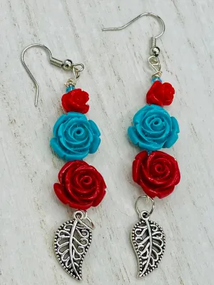 Southwest Inspired Turquoise Red Small Flowers Earrings, Dia De Los Muertos Aretes, Mexican Day of the Dead Jewelry, Hippie Style, Boho Chic
