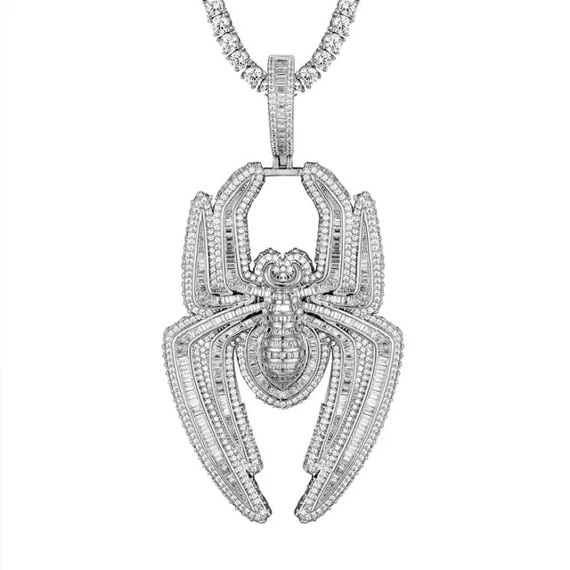 Spider Baguette 14K White Gold Tone 3D Fully Iced Pendant