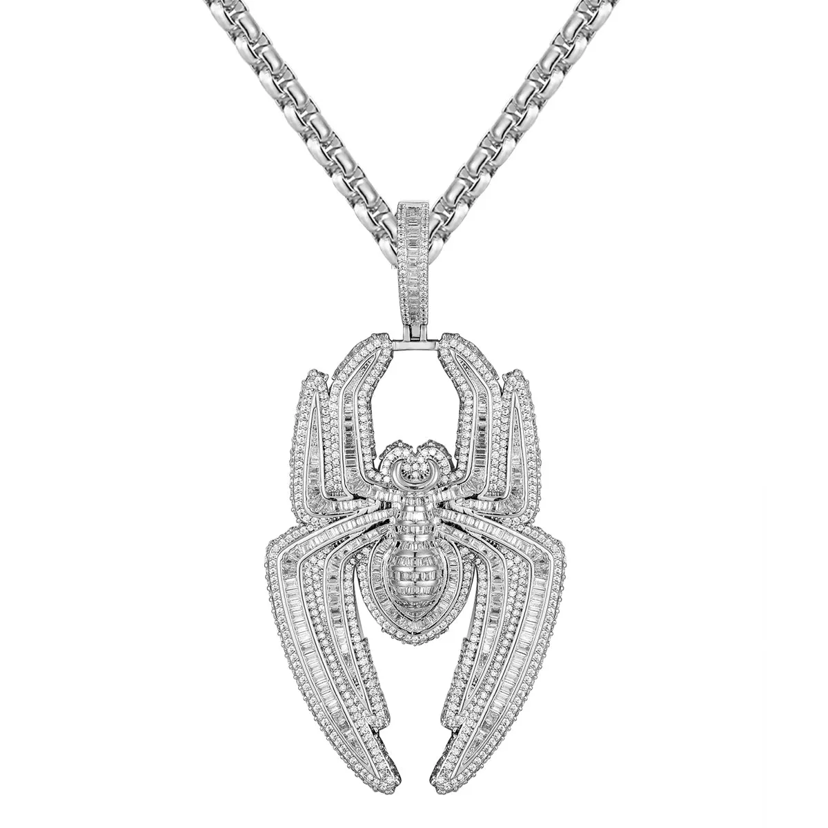 Spider Baguette 14K White Gold Tone 3D Fully Iced Pendant