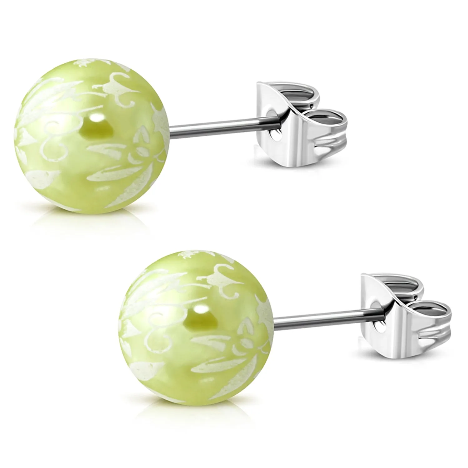 Stainless Steel Artisan Floral Painted Acrylic Bead Button Stud Earrings