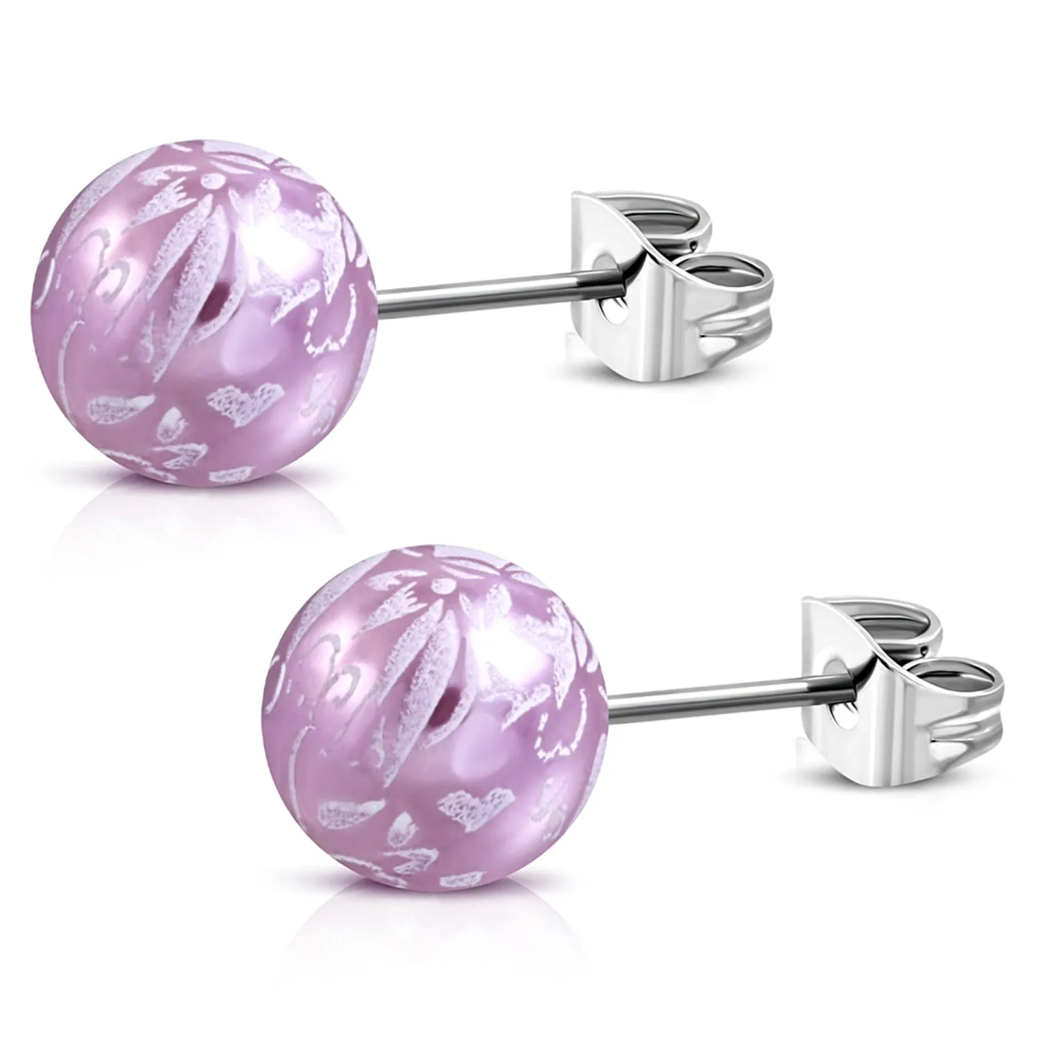 Stainless Steel Artisan Floral Painted Acrylic Bead Button Stud Earrings
