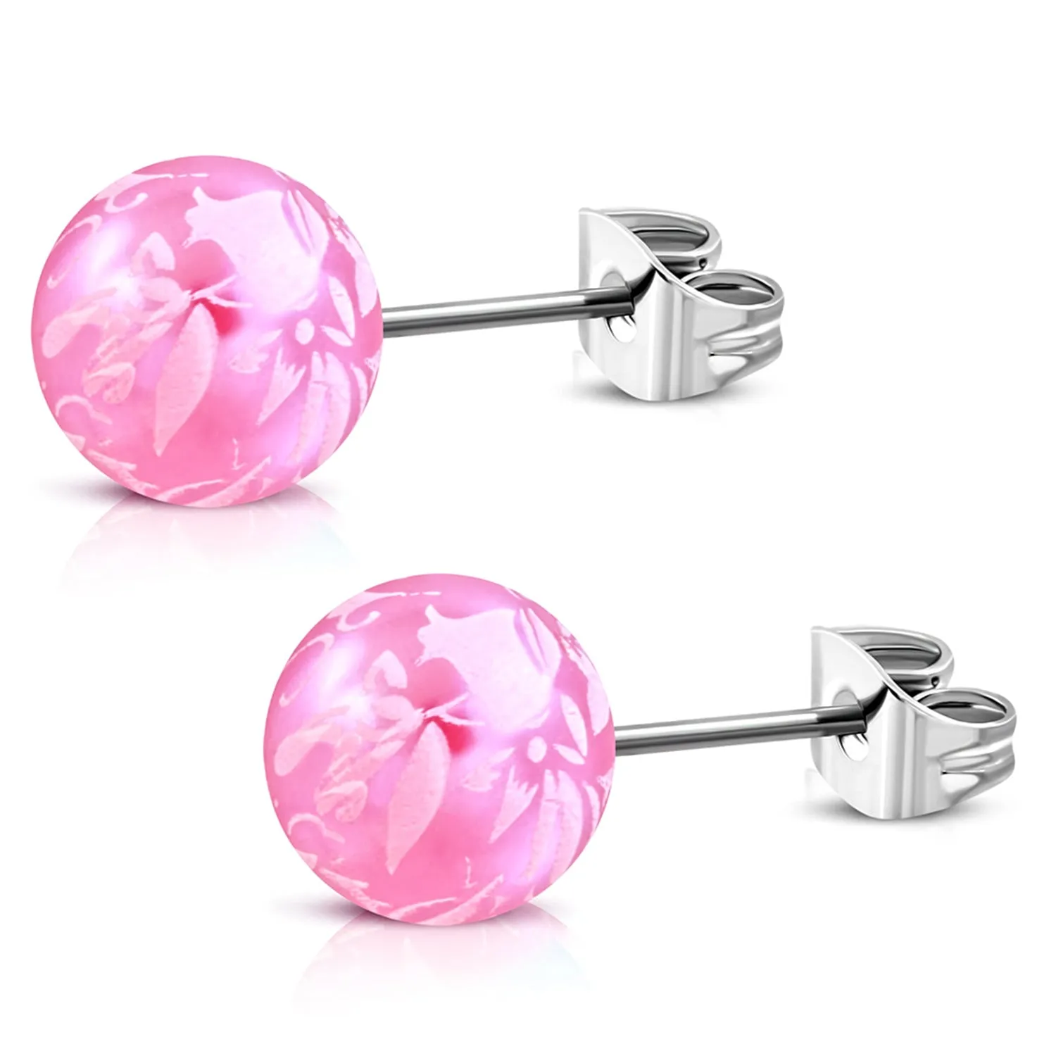 Stainless Steel Artisan Floral Painted Acrylic Bead Button Stud Earrings