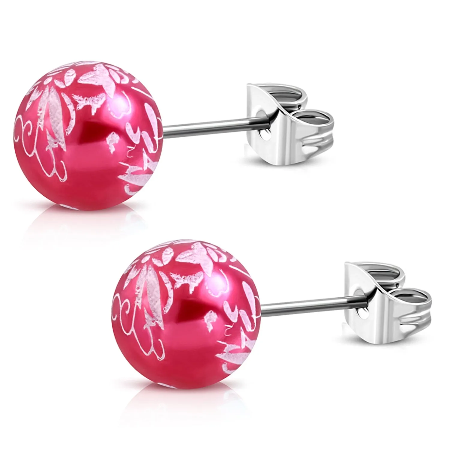 Stainless Steel Artisan Floral Painted Acrylic Bead Button Stud Earrings