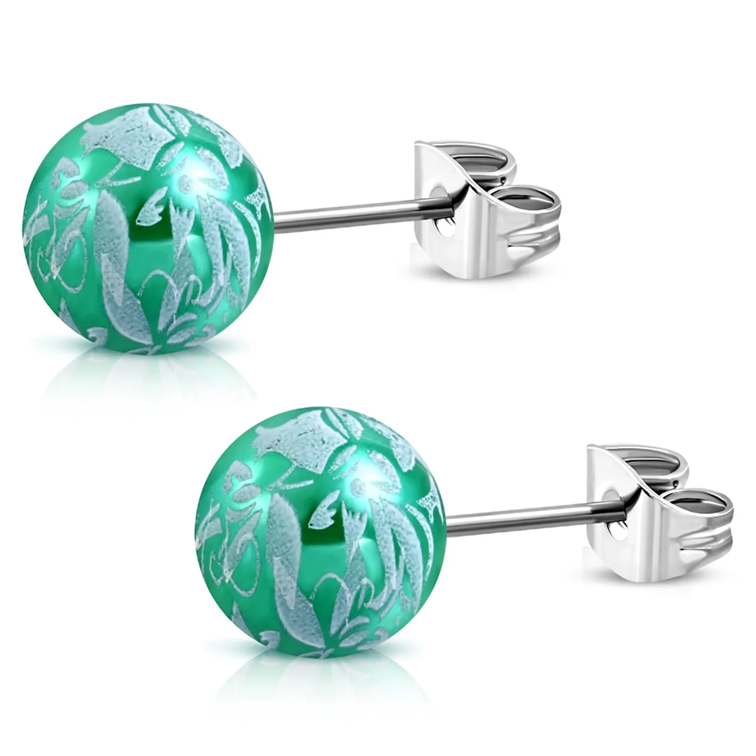 Stainless Steel Artisan Floral Painted Acrylic Bead Button Stud Earrings