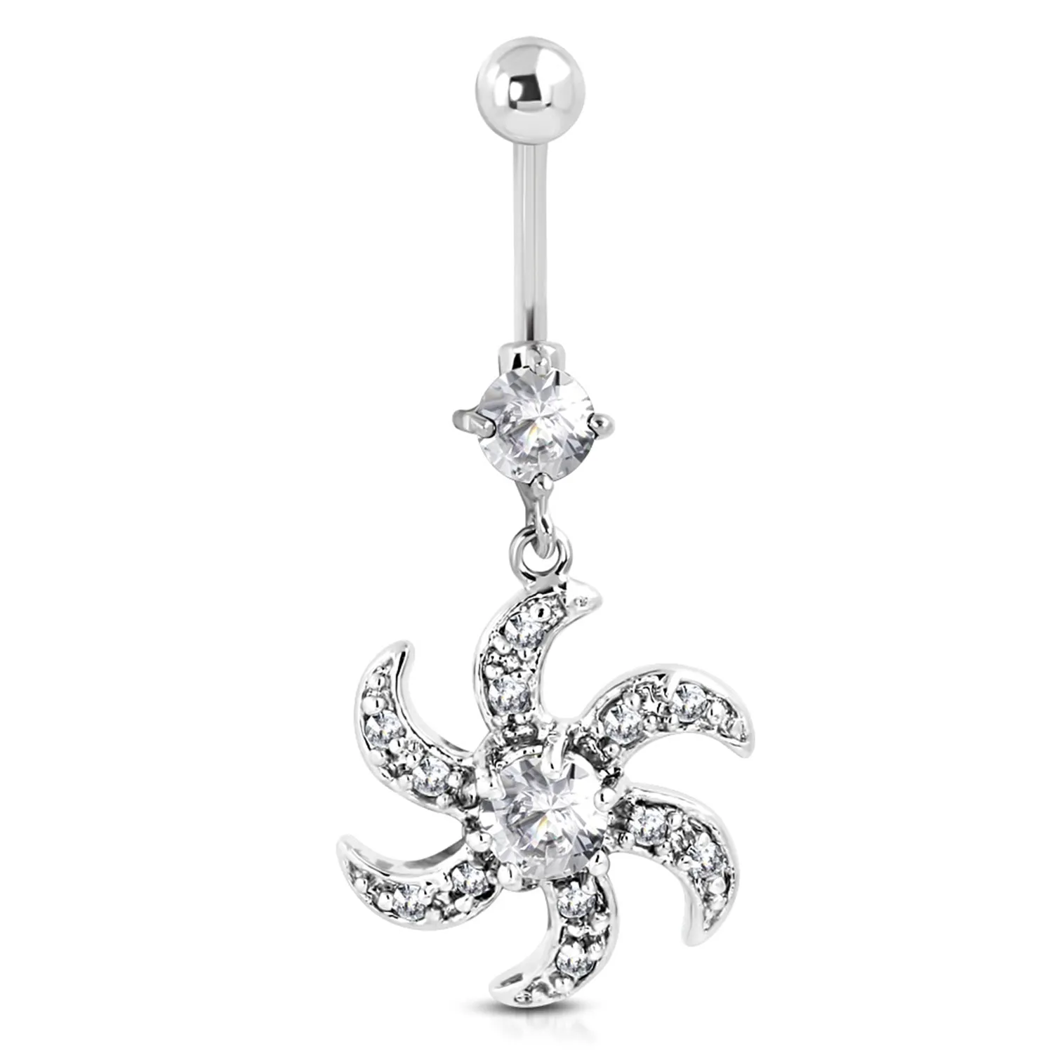Stainless Steel Cubic Zirconia Floral Saw Blade Charm Dangling Belly Button Navel Ring