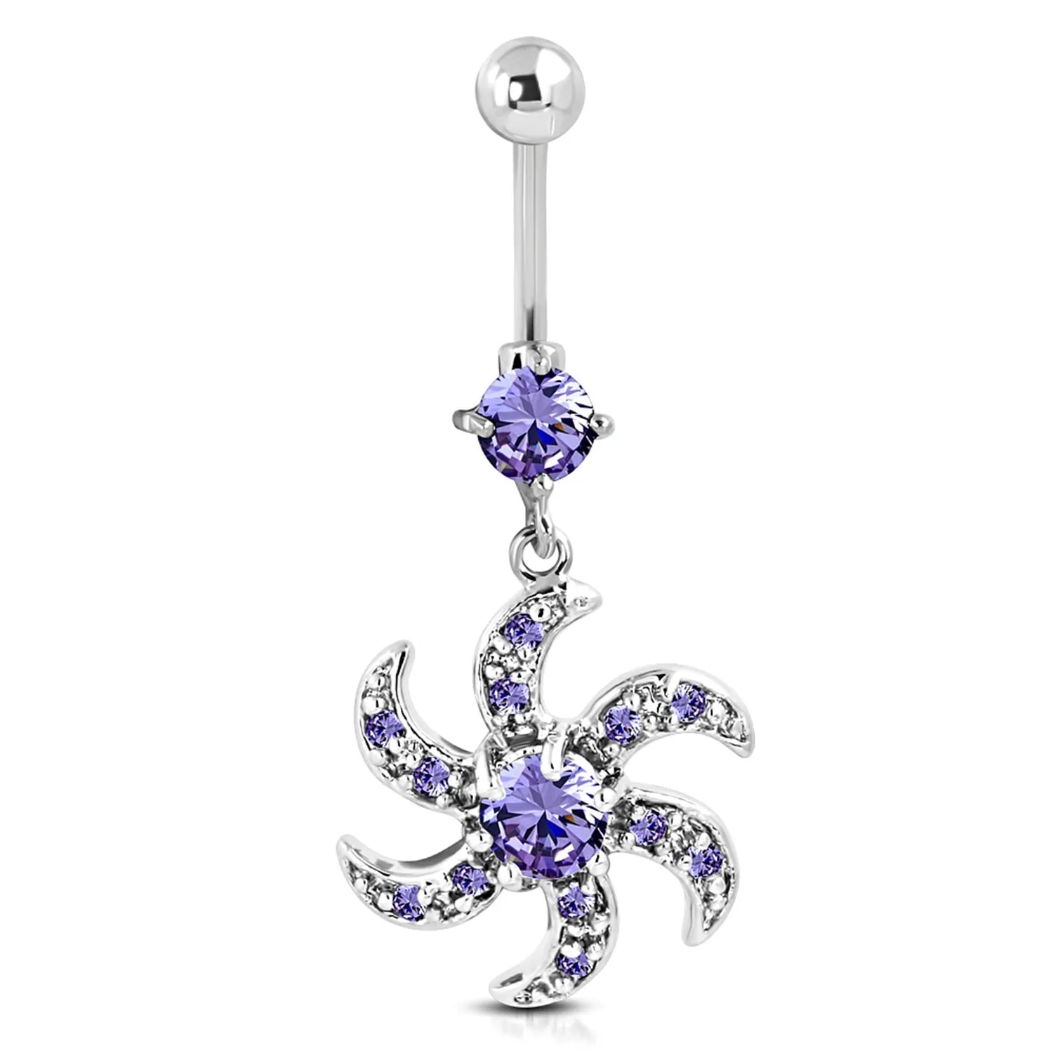 Stainless Steel Cubic Zirconia Floral Saw Blade Charm Dangling Belly Button Navel Ring