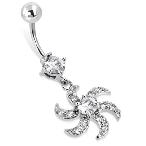 Stainless Steel Cubic Zirconia Floral Saw Blade Charm Dangling Belly Button Navel Ring