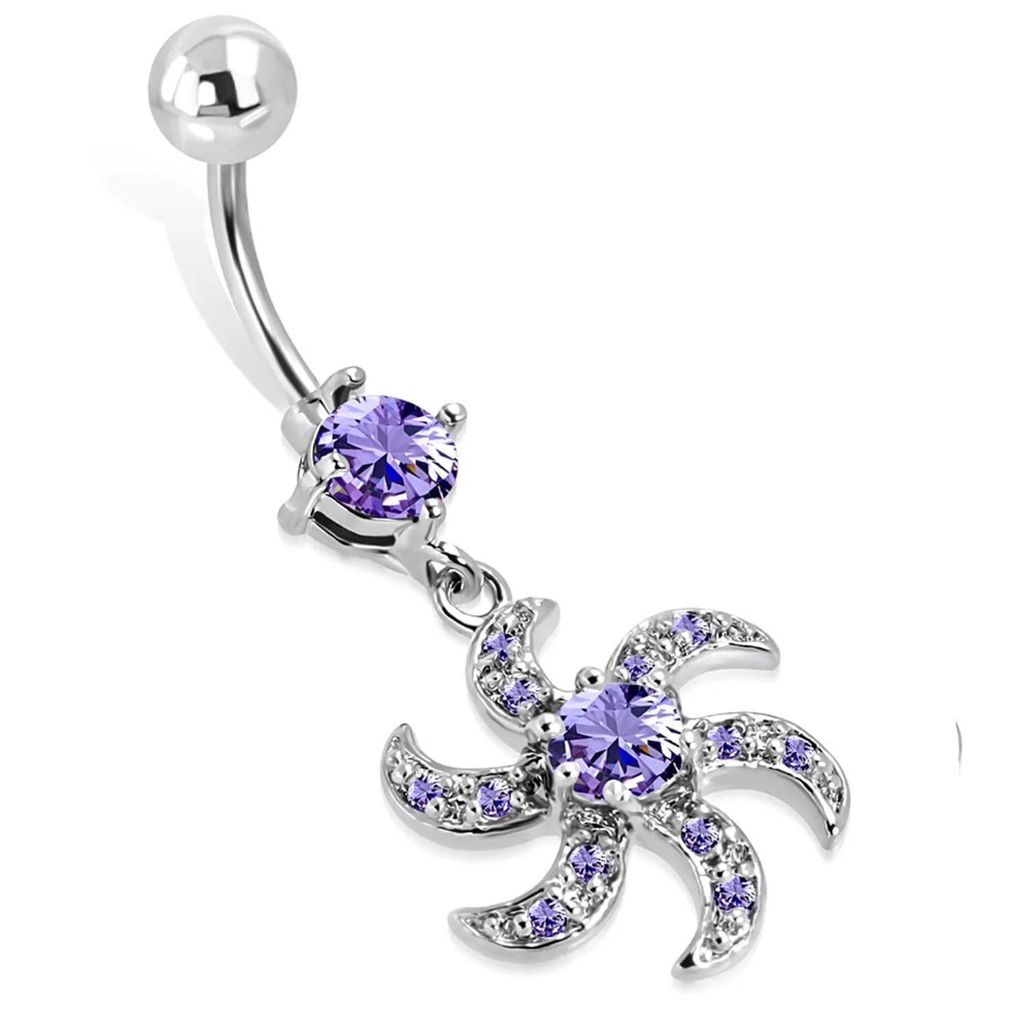 Stainless Steel Cubic Zirconia Floral Saw Blade Charm Dangling Belly Button Navel Ring