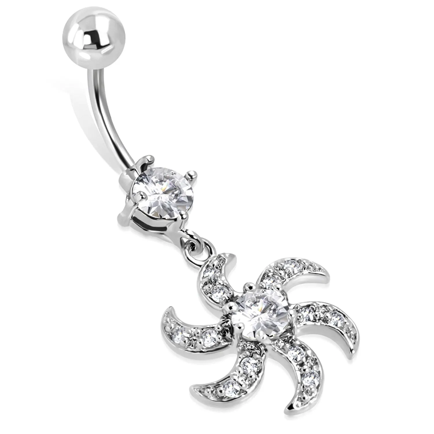 Stainless Steel Cubic Zirconia Floral Saw Blade Charm Dangling Belly Button Navel Ring