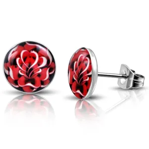 Stainless Steel Fire Red Floral Rose Circle Round Button Stud Post Earrings
