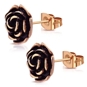 Stainless Steel Floral Rose Petal Two-Tone Button Stud Post Earrings