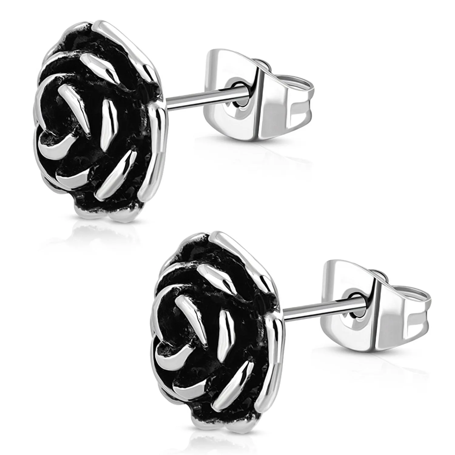 Stainless Steel Floral Rose Petal Two-Tone Button Stud Post Earrings