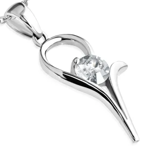 Stainless Steel Floral Teardrop Cubic Zirconia Tension Charm Pendant Necklace